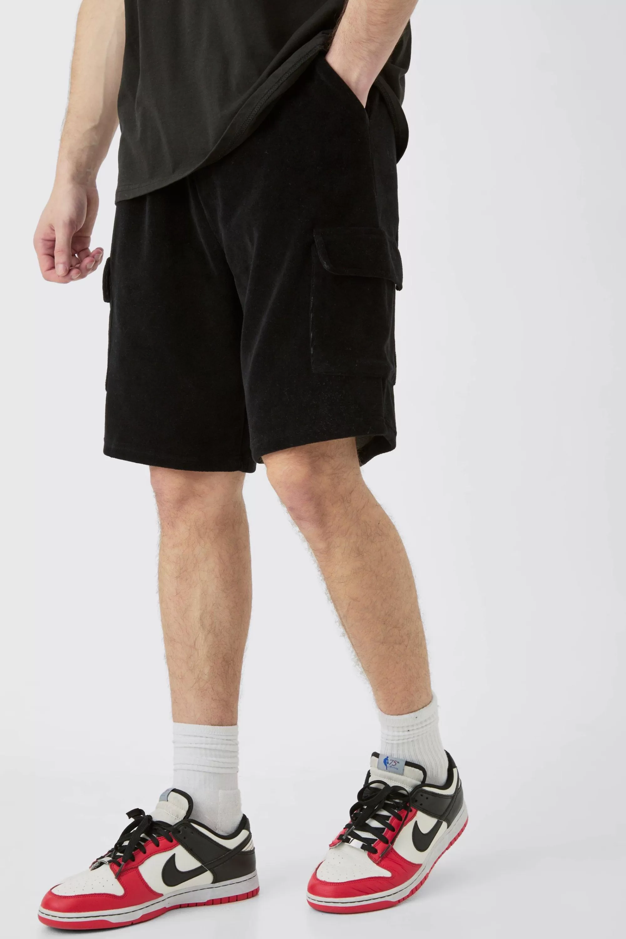 boohooMAN Tall Elasticated Waist Velour Cargo Shorts | UK