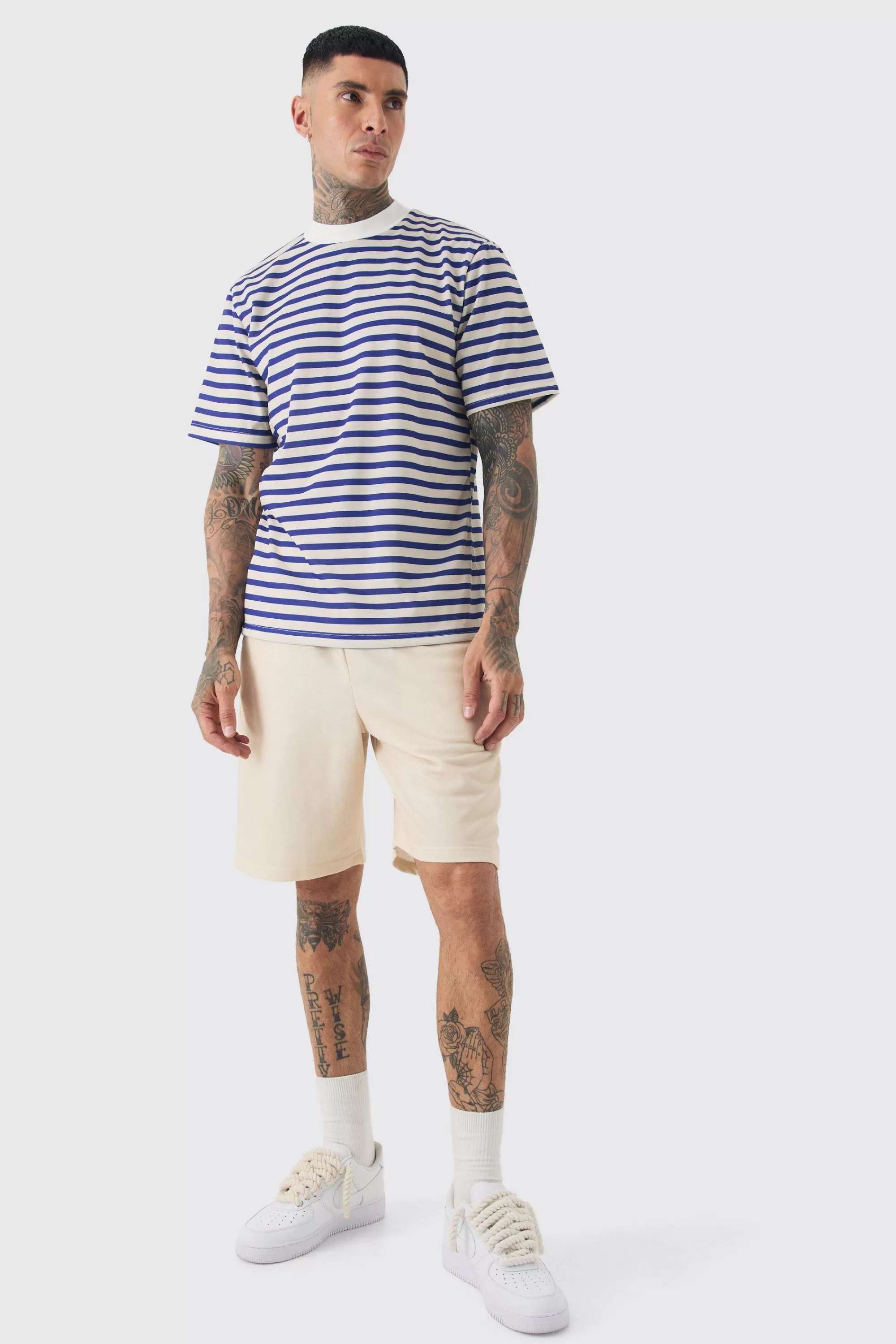 boohooMAN Tall Extended Neck Stripe T-shirt & Short Set | UK
