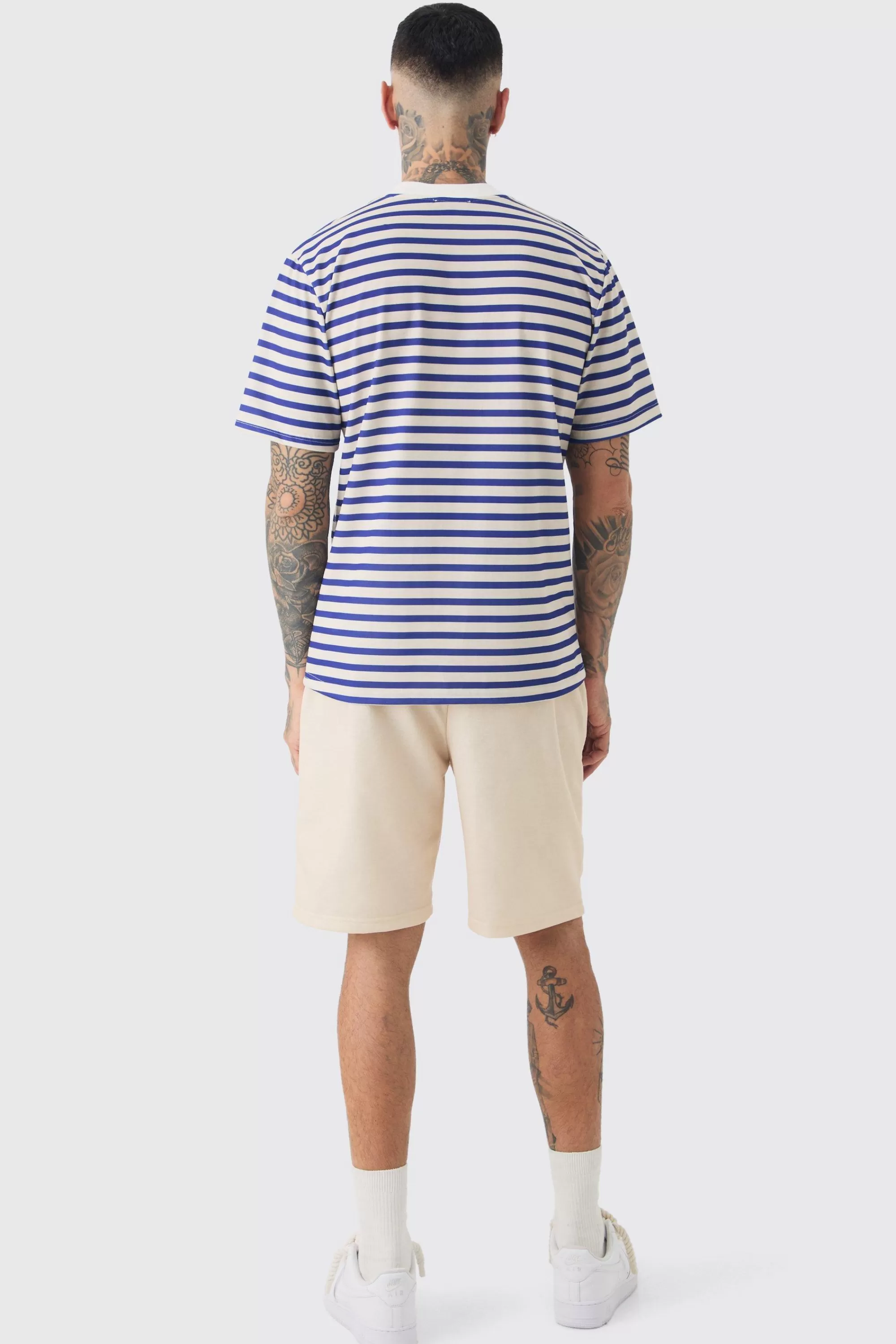 boohooMAN Tall Extended Neck Stripe T-shirt & Short Set | UK