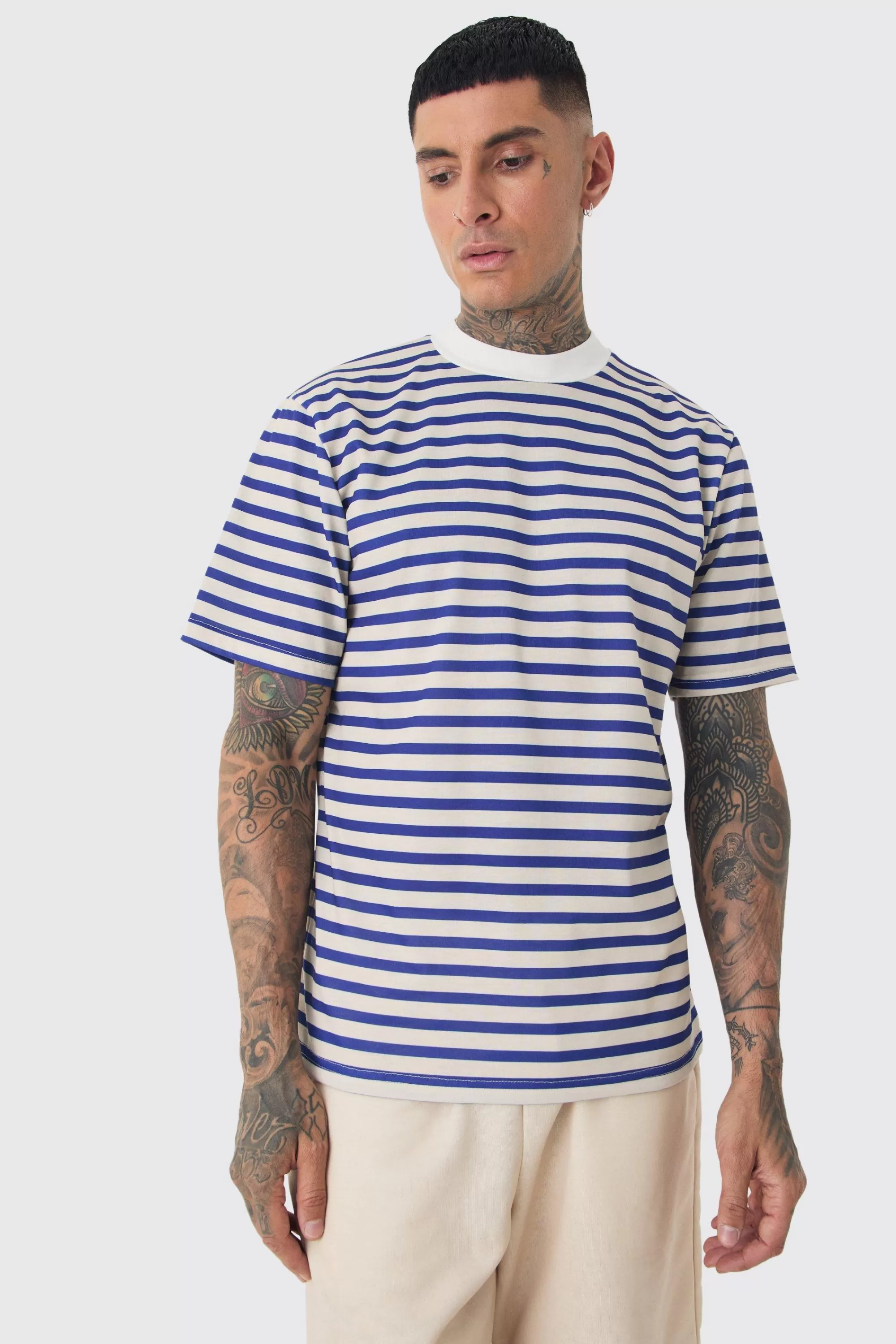 boohooMAN Tall Extended Neck Stripe T-shirt & Short Set | UK