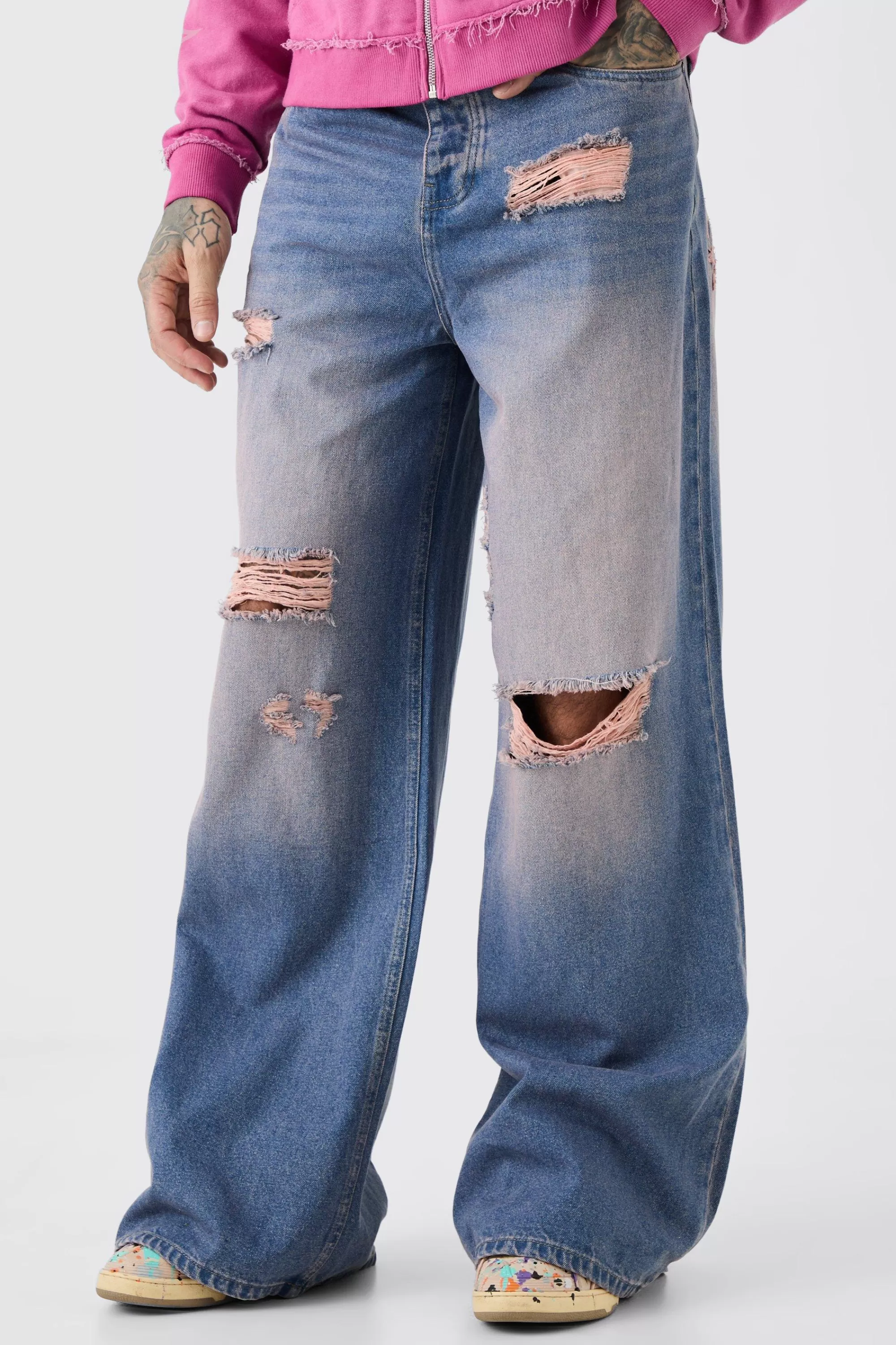 boohooMAN Tall Extreme Baggy Overdyed Frayed Self Fabric Applique Jean | UK