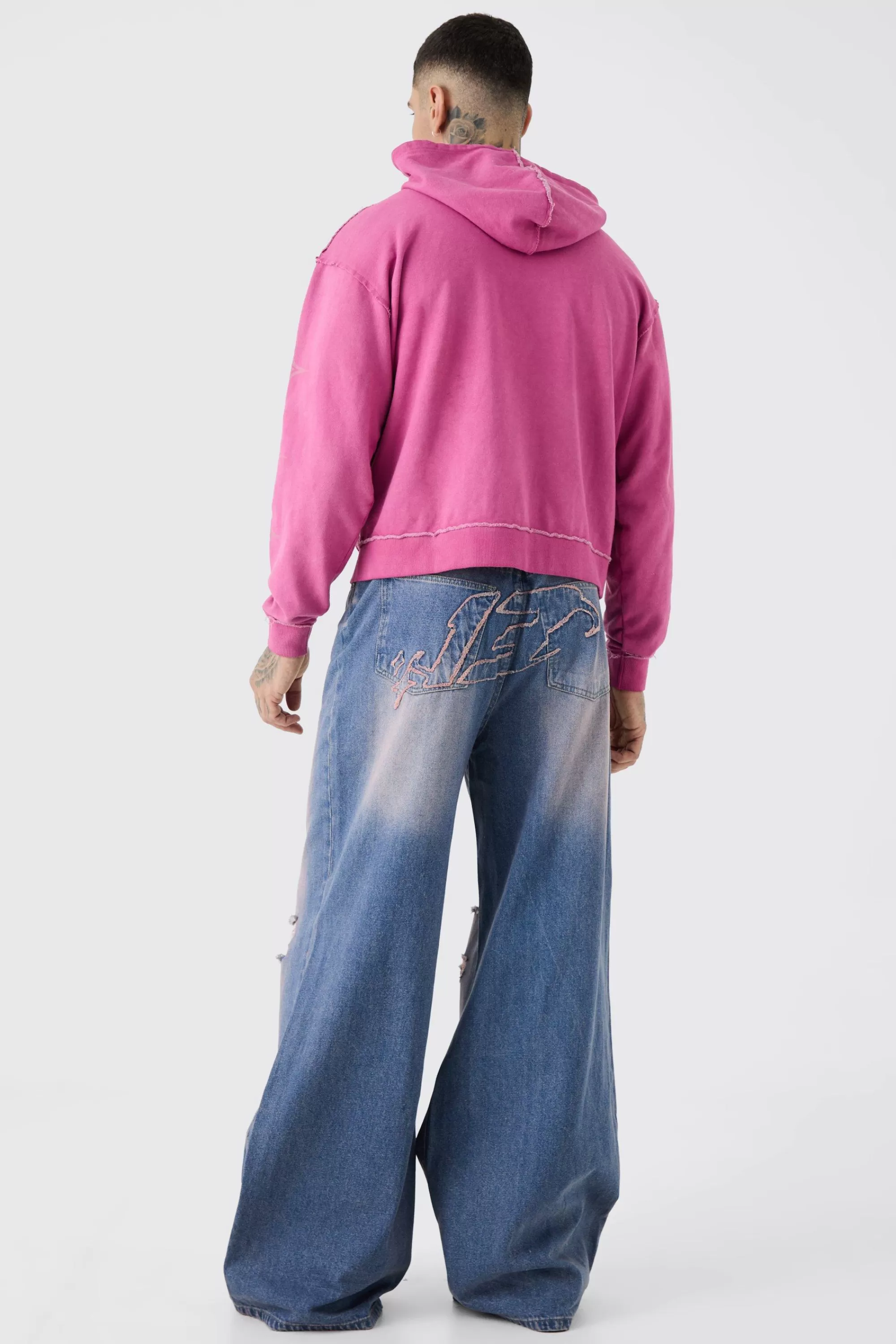 boohooMAN Tall Extreme Baggy Overdyed Frayed Self Fabric Applique Jean | UK