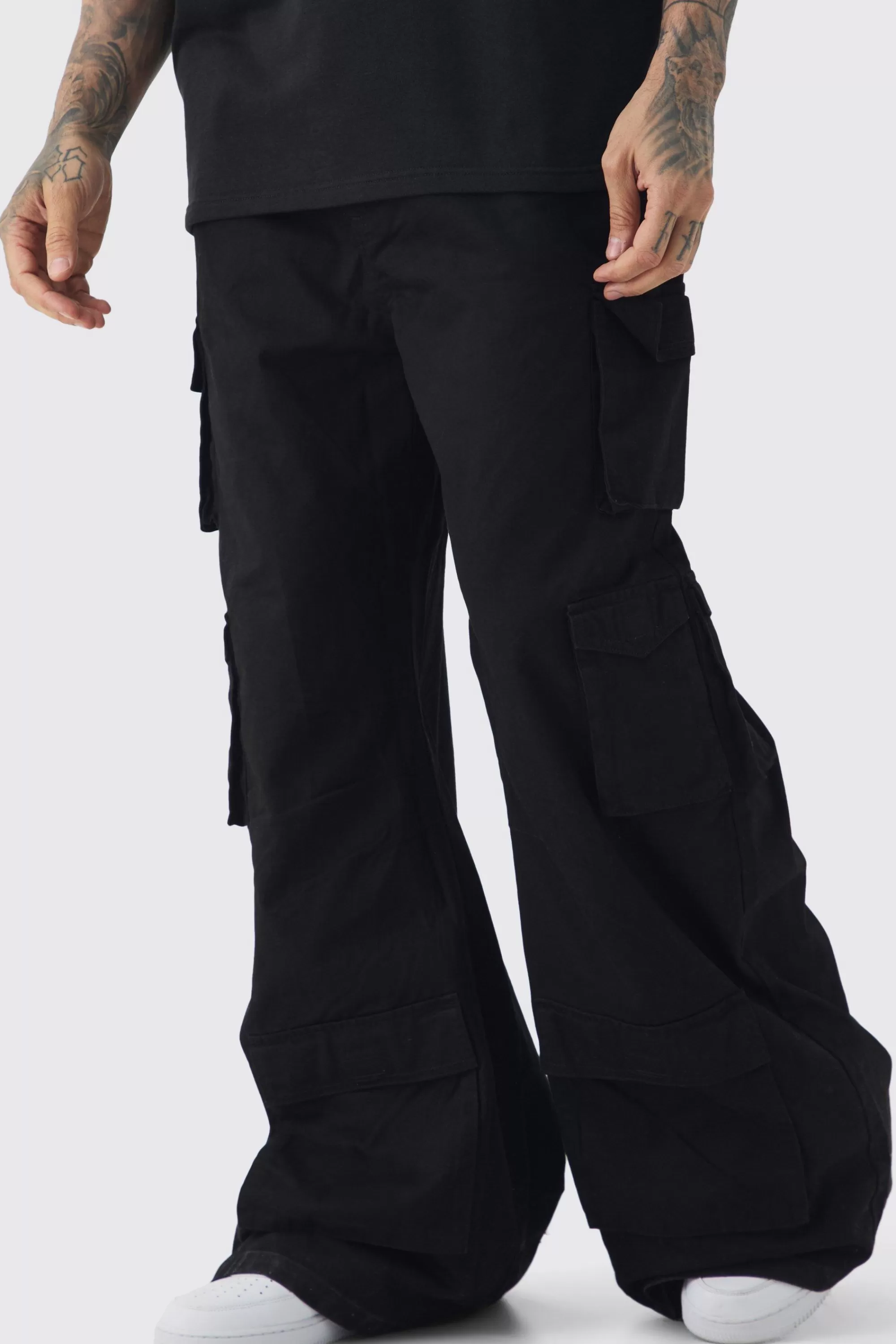 boohooMAN Tall Extreme Baggy Rigid Multi Cargo Pocket Trousers | UK