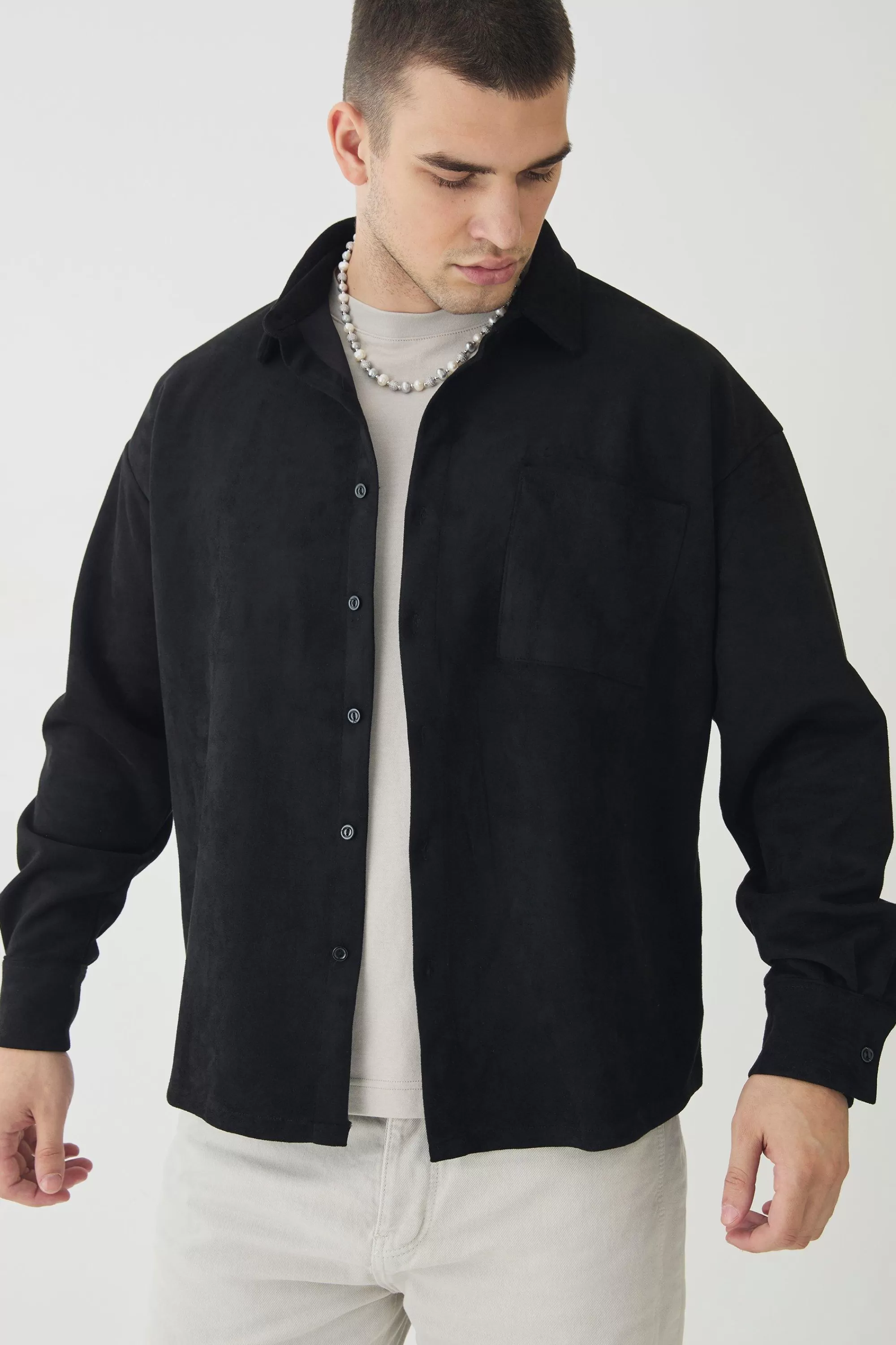 boohooMAN Tall Faux Suede Button Through Overshirt | UK