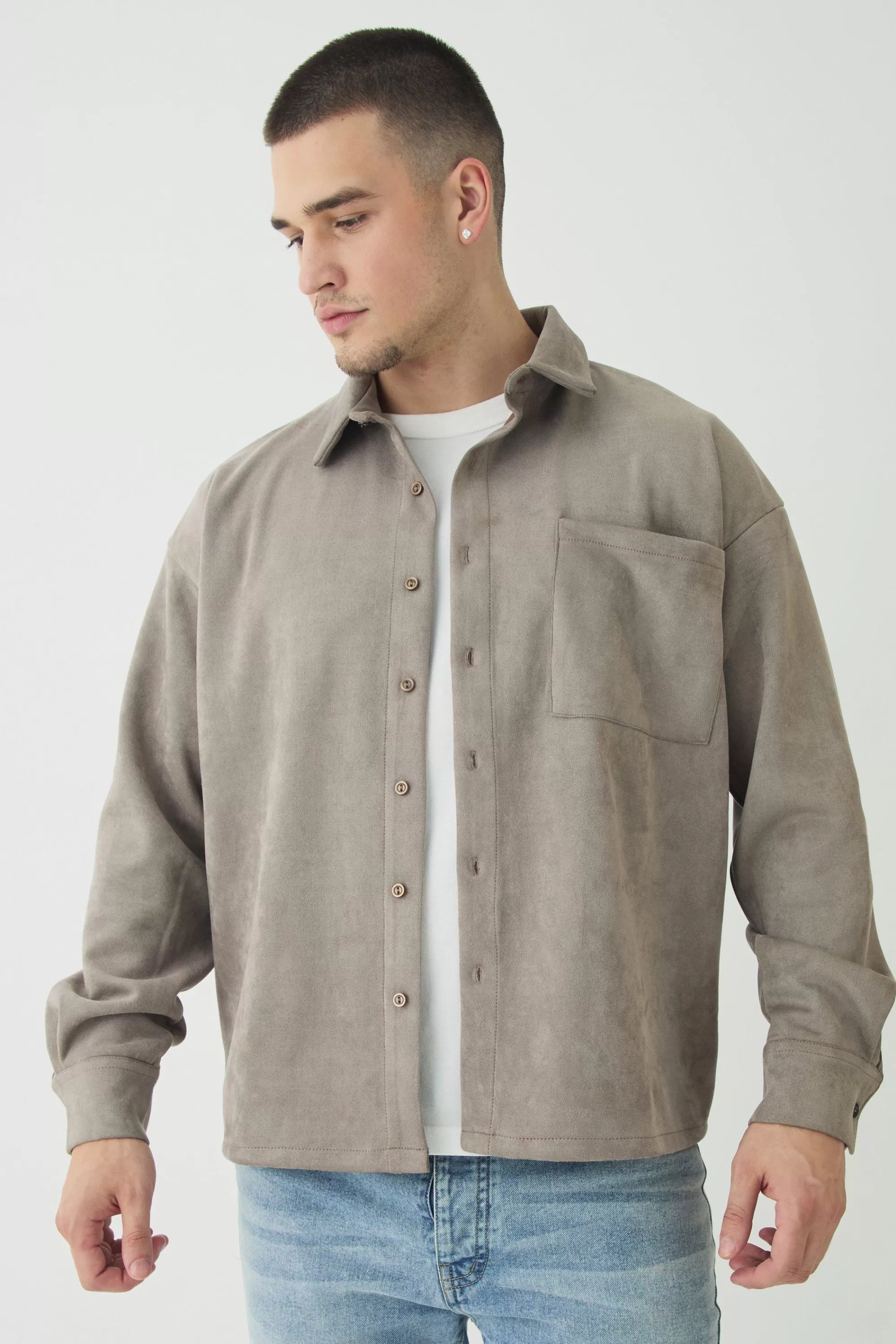 boohooMAN Tall Faux Suede Button Through Overshirt | UK