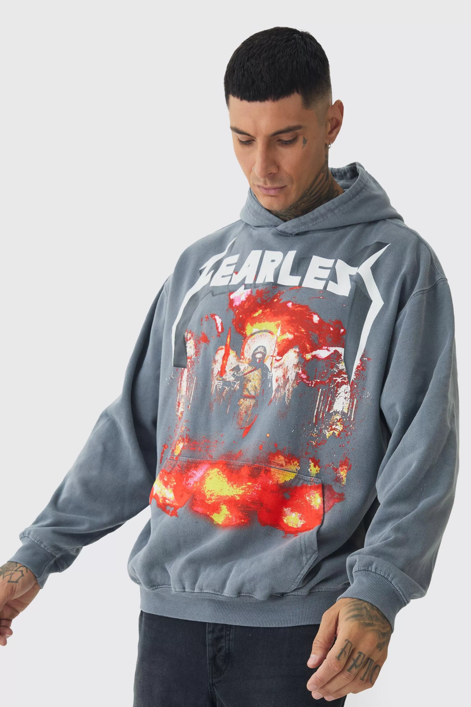 boohooMAN Tall Fearless Print Oversized Washed Hoodie In | UK