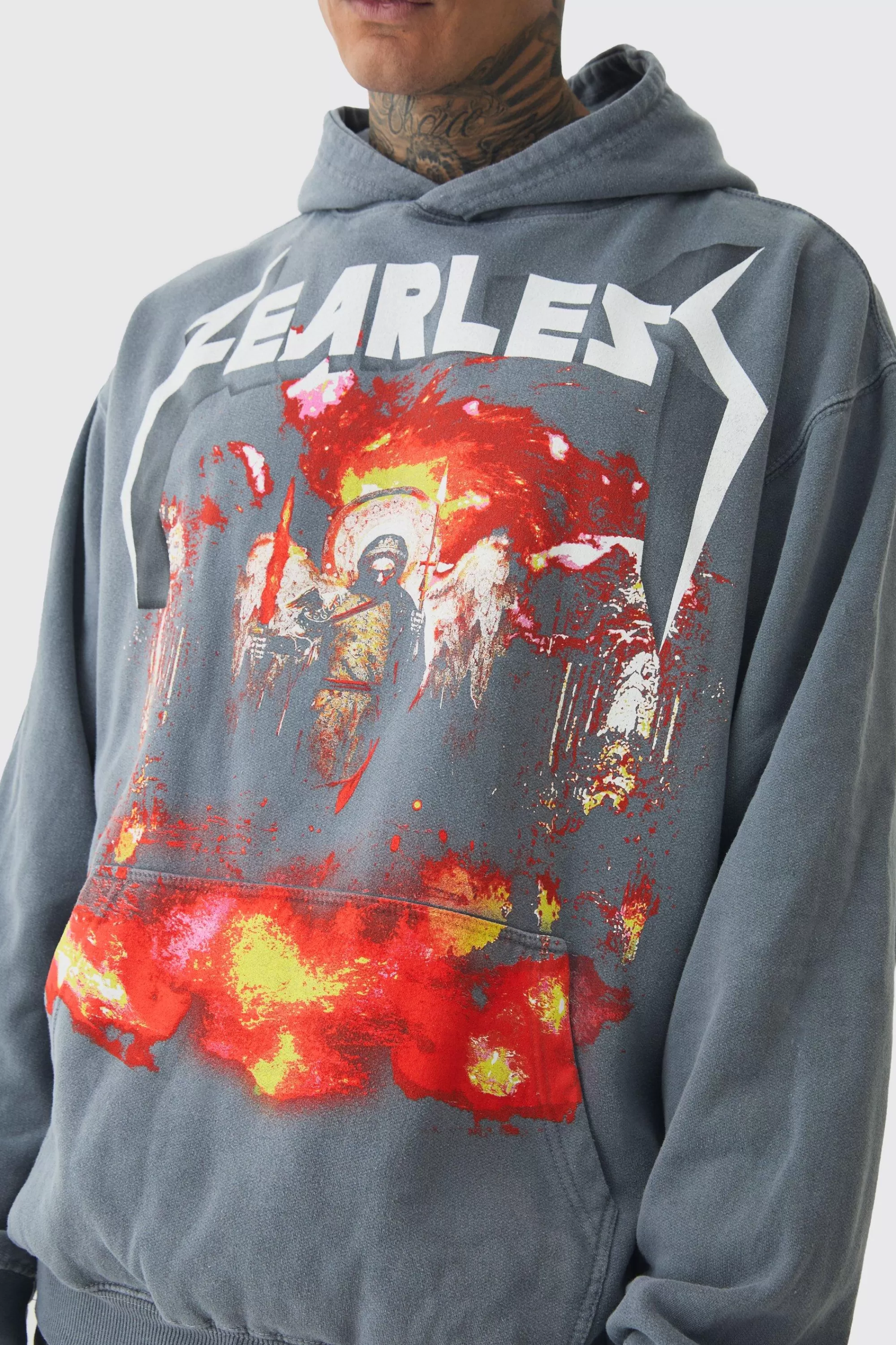 boohooMAN Tall Fearless Print Oversized Washed Hoodie In | UK