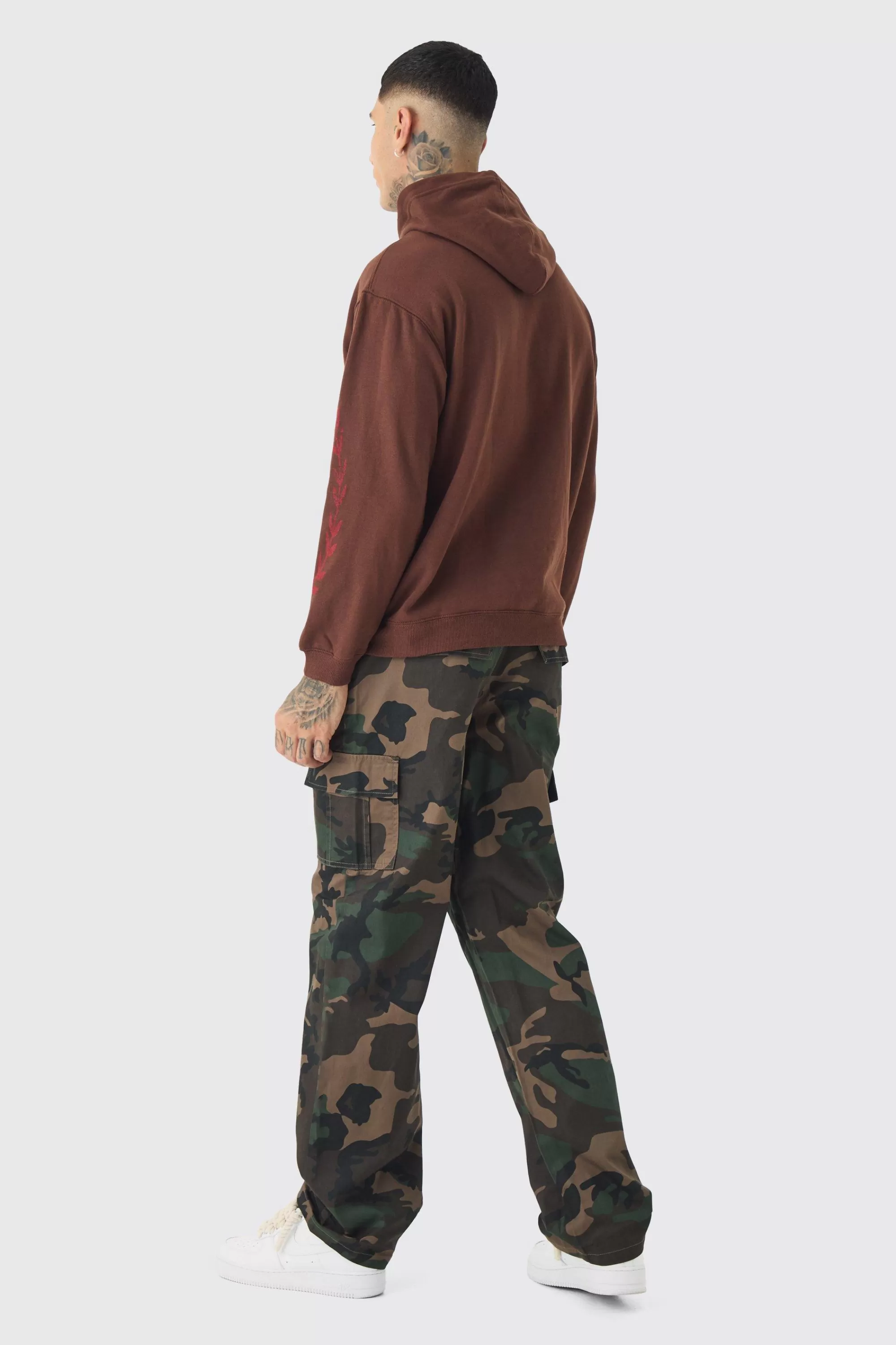 boohooMAN Tall Fixed Waist Camo Twill Cargo Trouser | UK