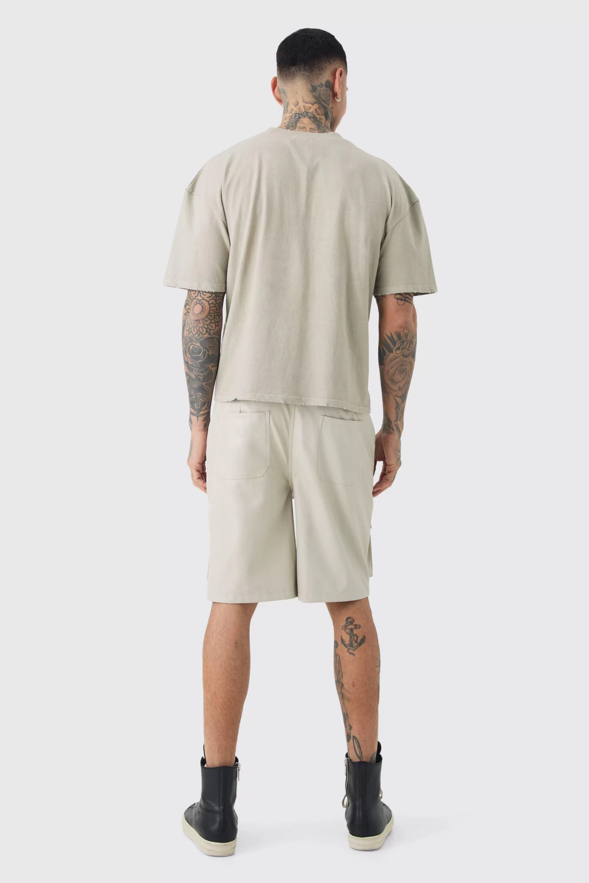 boohooMAN Tall Fixed Waist PU Cargo Short | UK