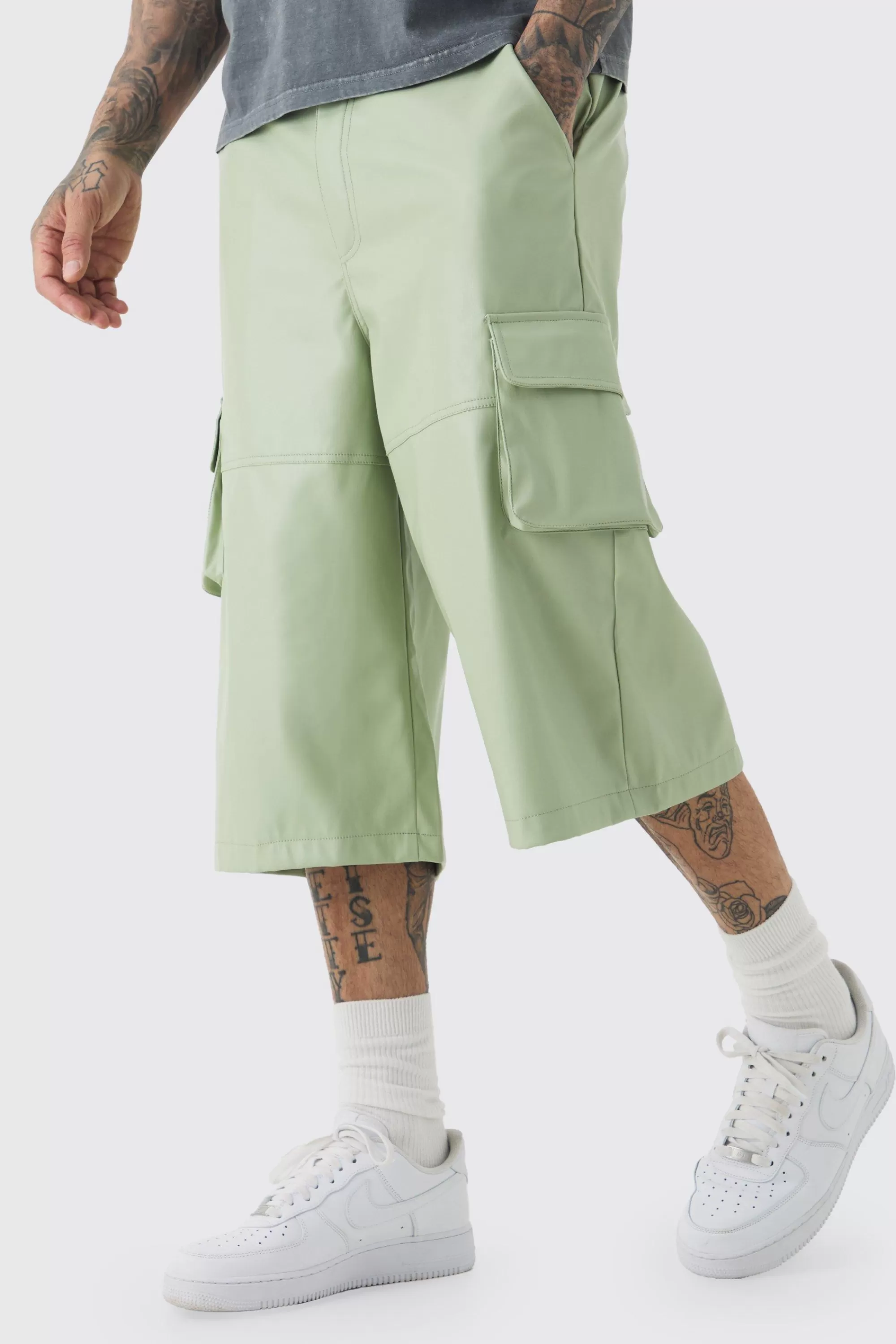boohooMAN Tall Fixed Waist PU Panels Cargo Jorts | UK