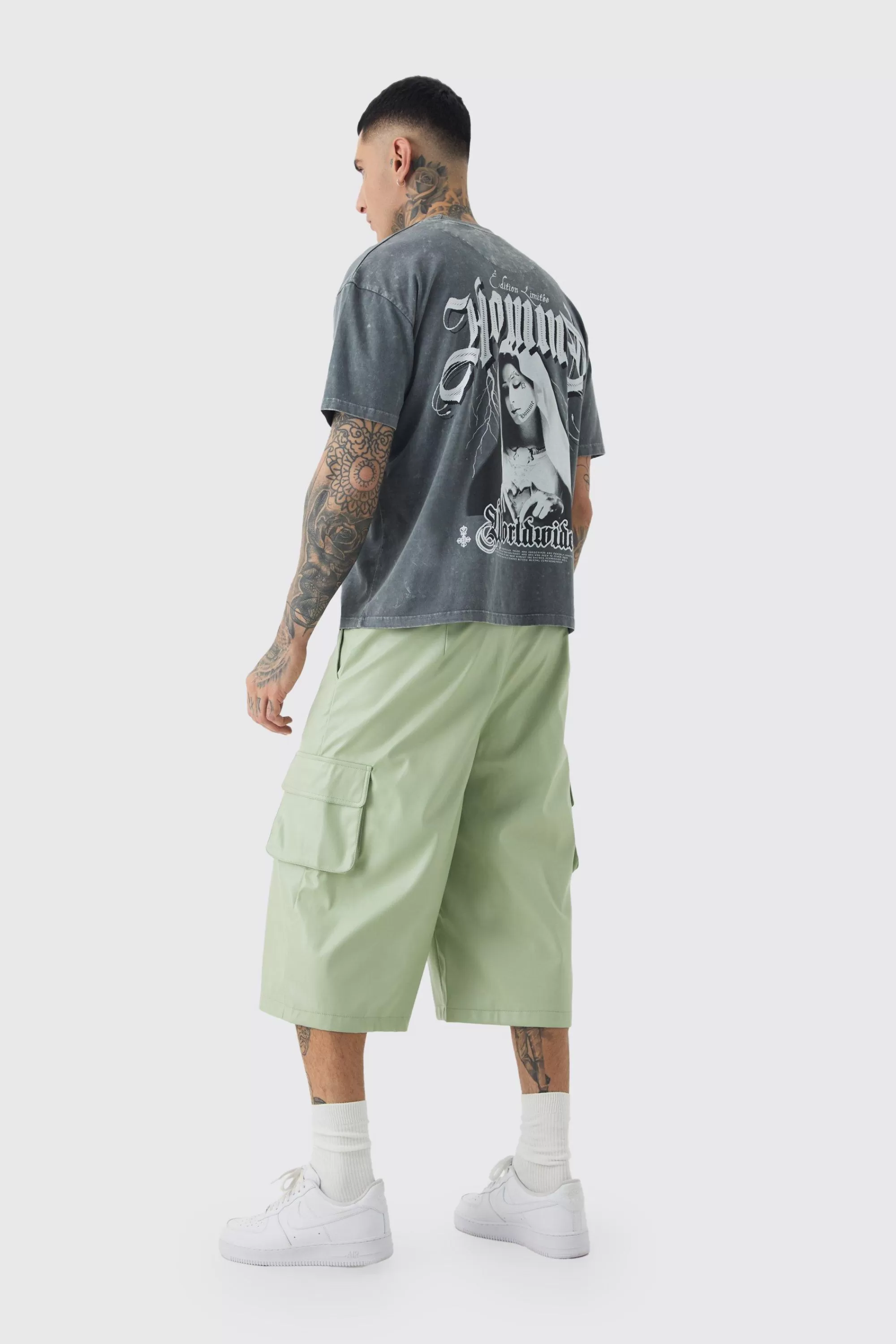 boohooMAN Tall Fixed Waist PU Panels Cargo Jorts | UK