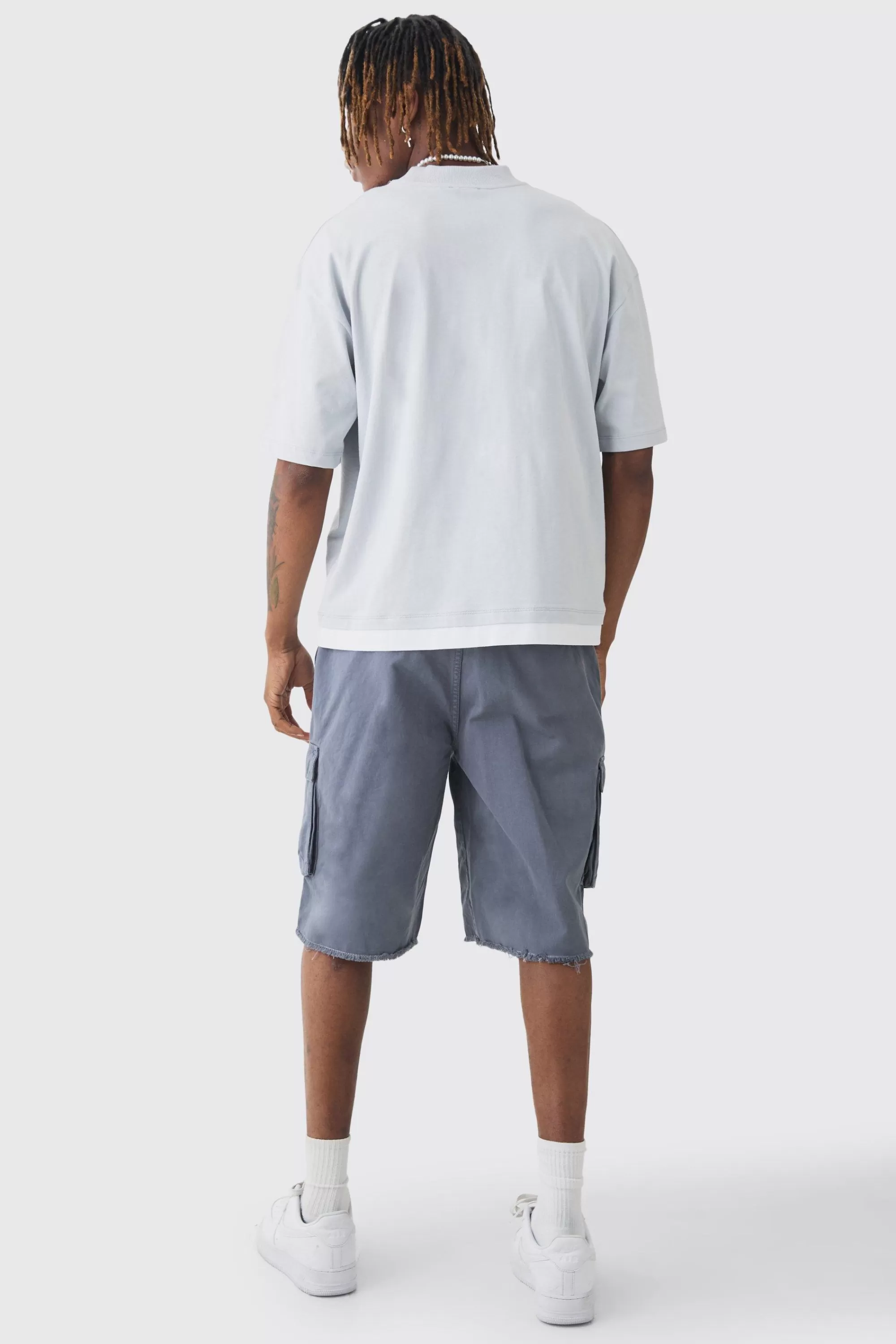 boohooMAN Tall Fixed Waist Raw Hem Relaxed Cargo Shorts | UK