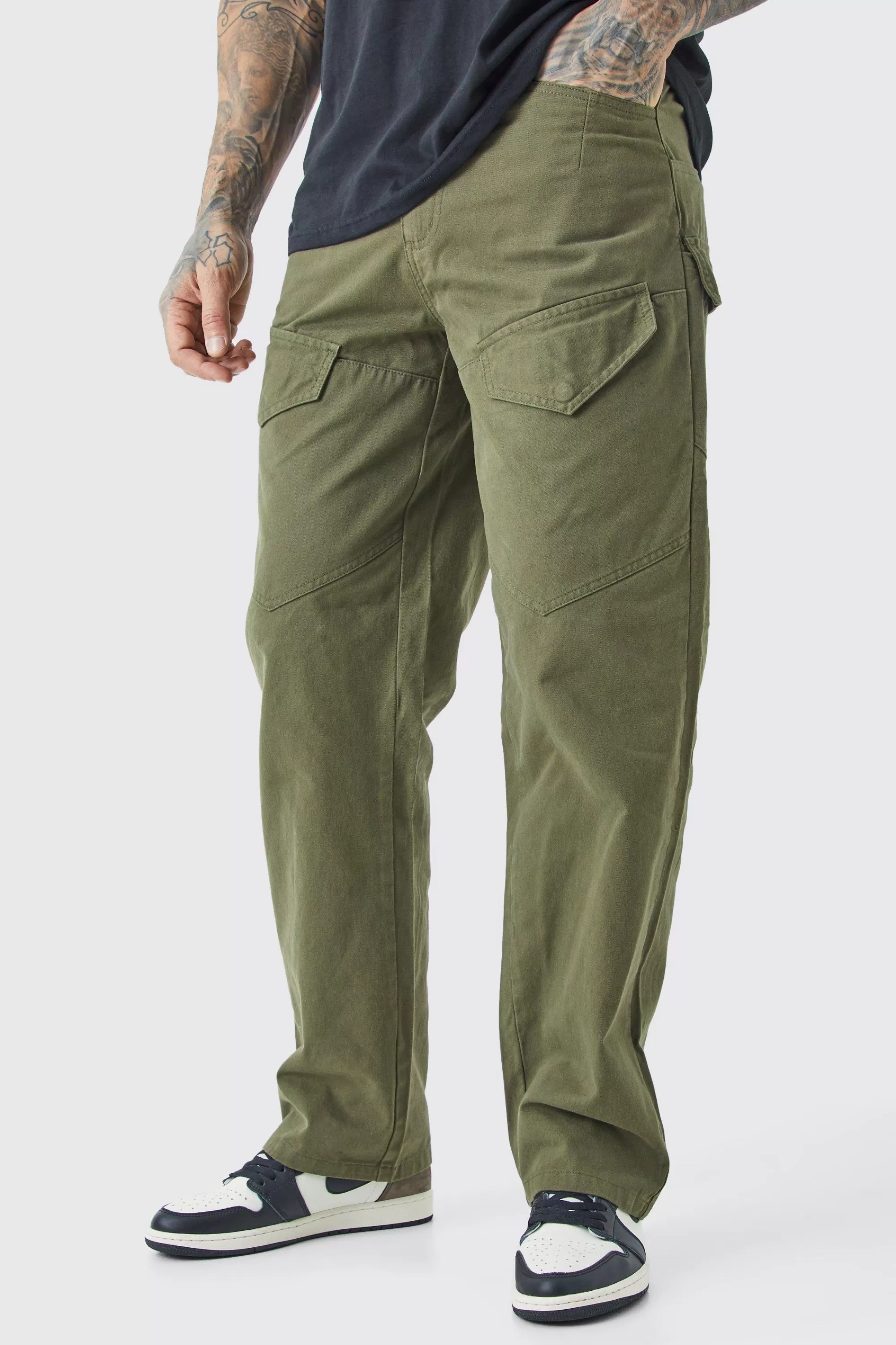 boohooMAN Tall Fixed Waist Relaxed Asymetric Cargo Twill Trouser | UK