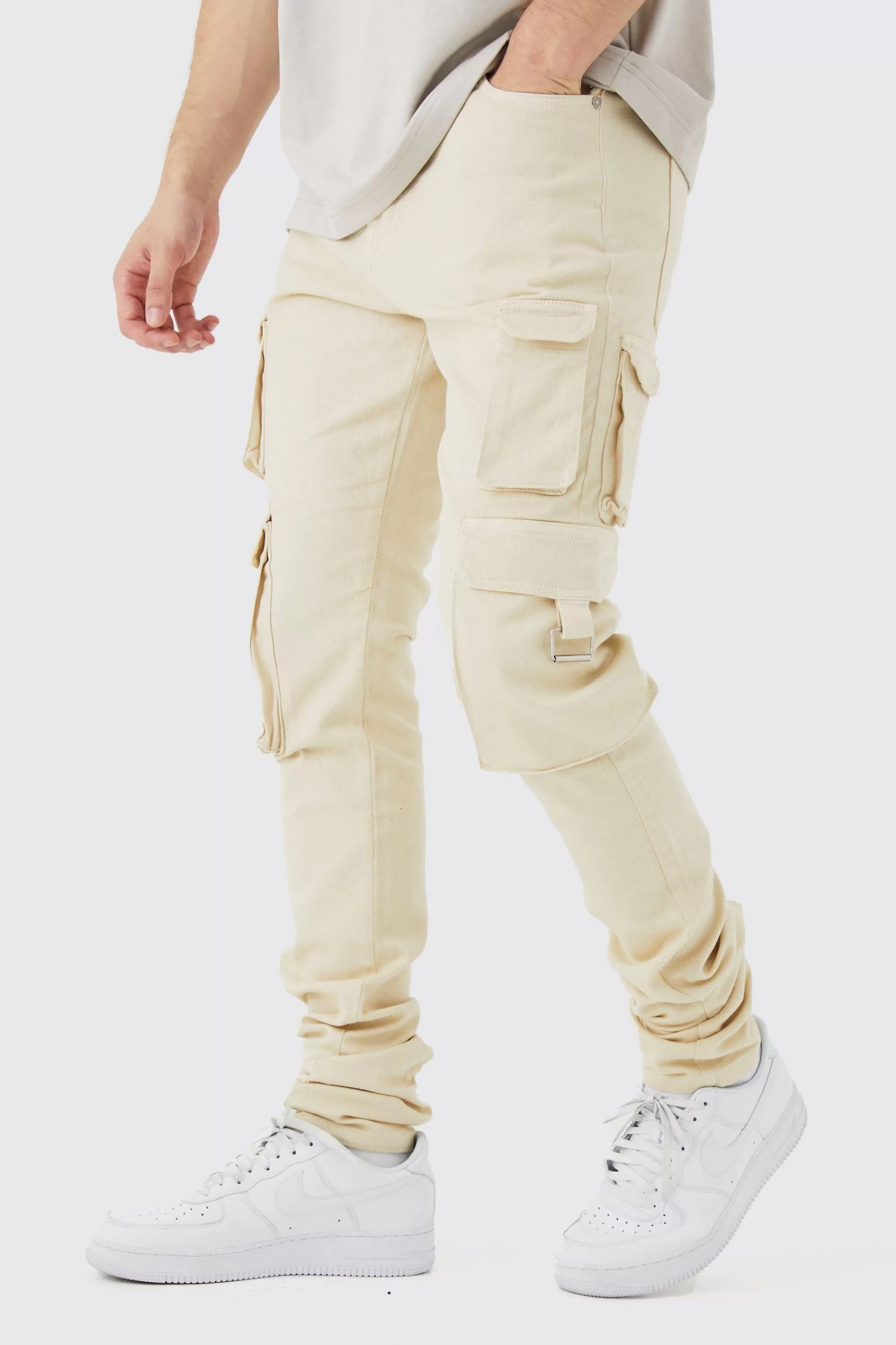 boohooMAN Tall Fixed Waist Skinny Stacked Multi Cargo Trouser | UK