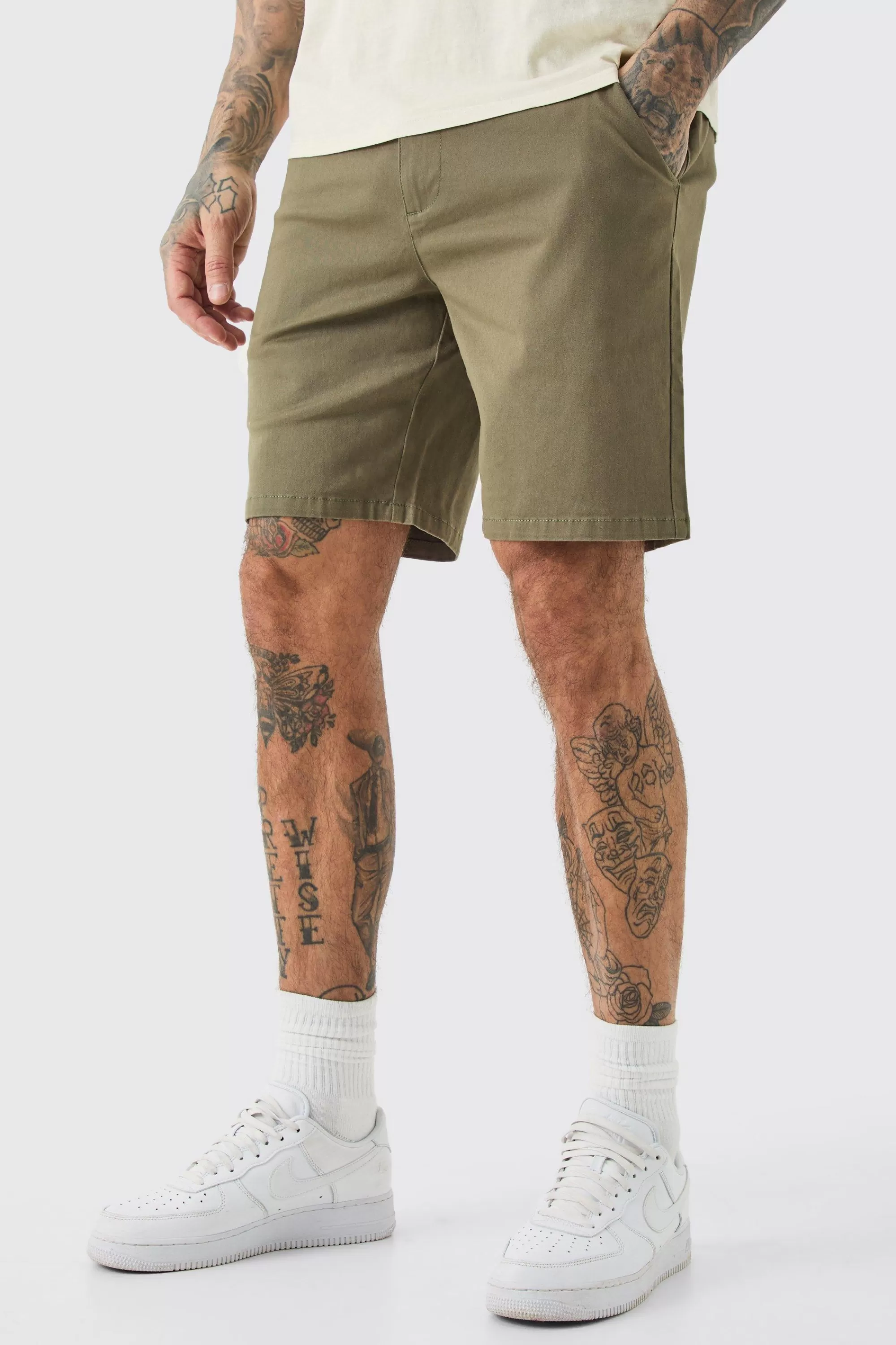 boohooMAN Tall Fixed Waist Slim Fit Chino Shorts In | UK