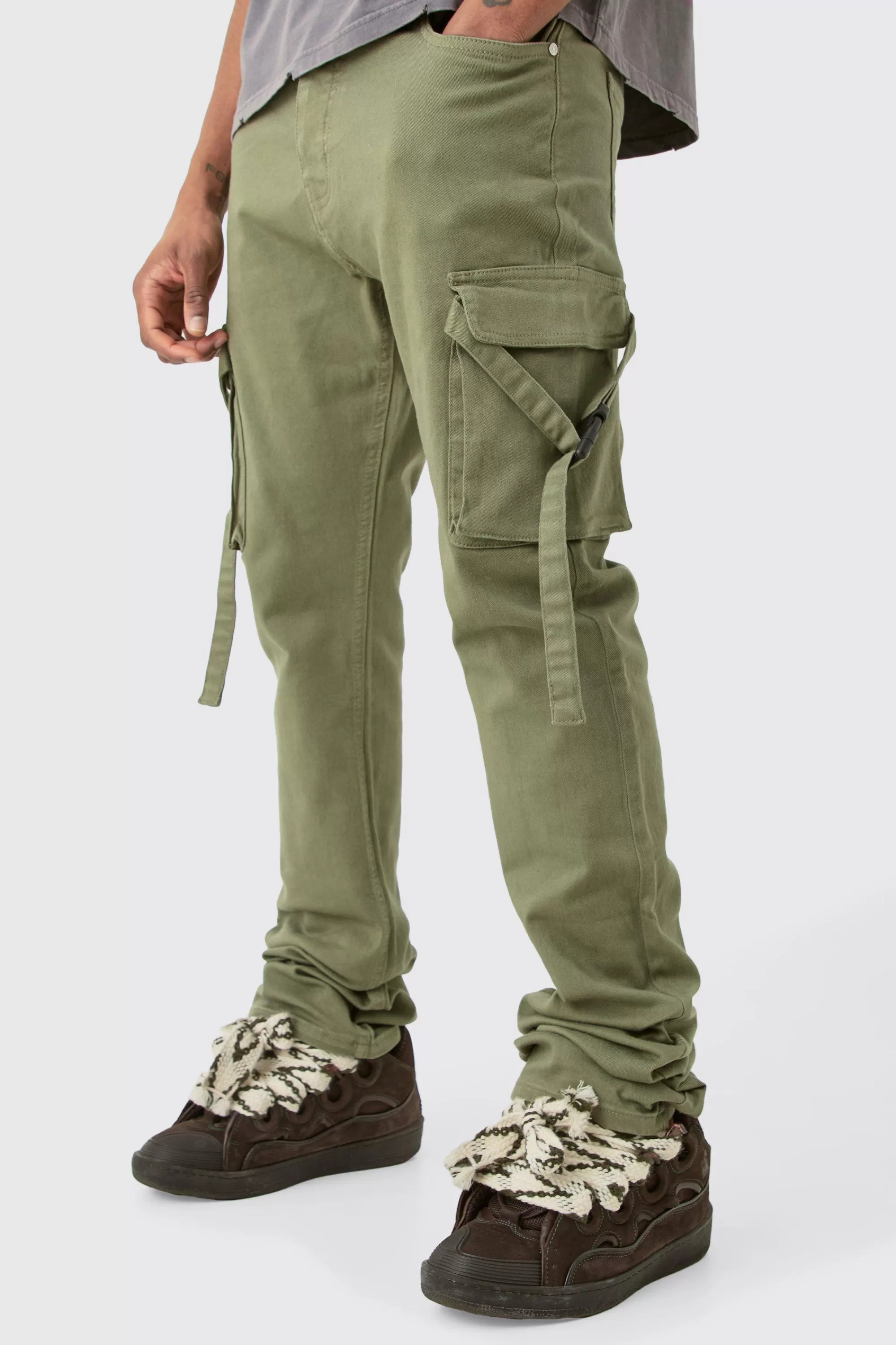 boohooMAN Tall Fixed Waist Slim Stacked Flare Strap Cargo Trouser | UK