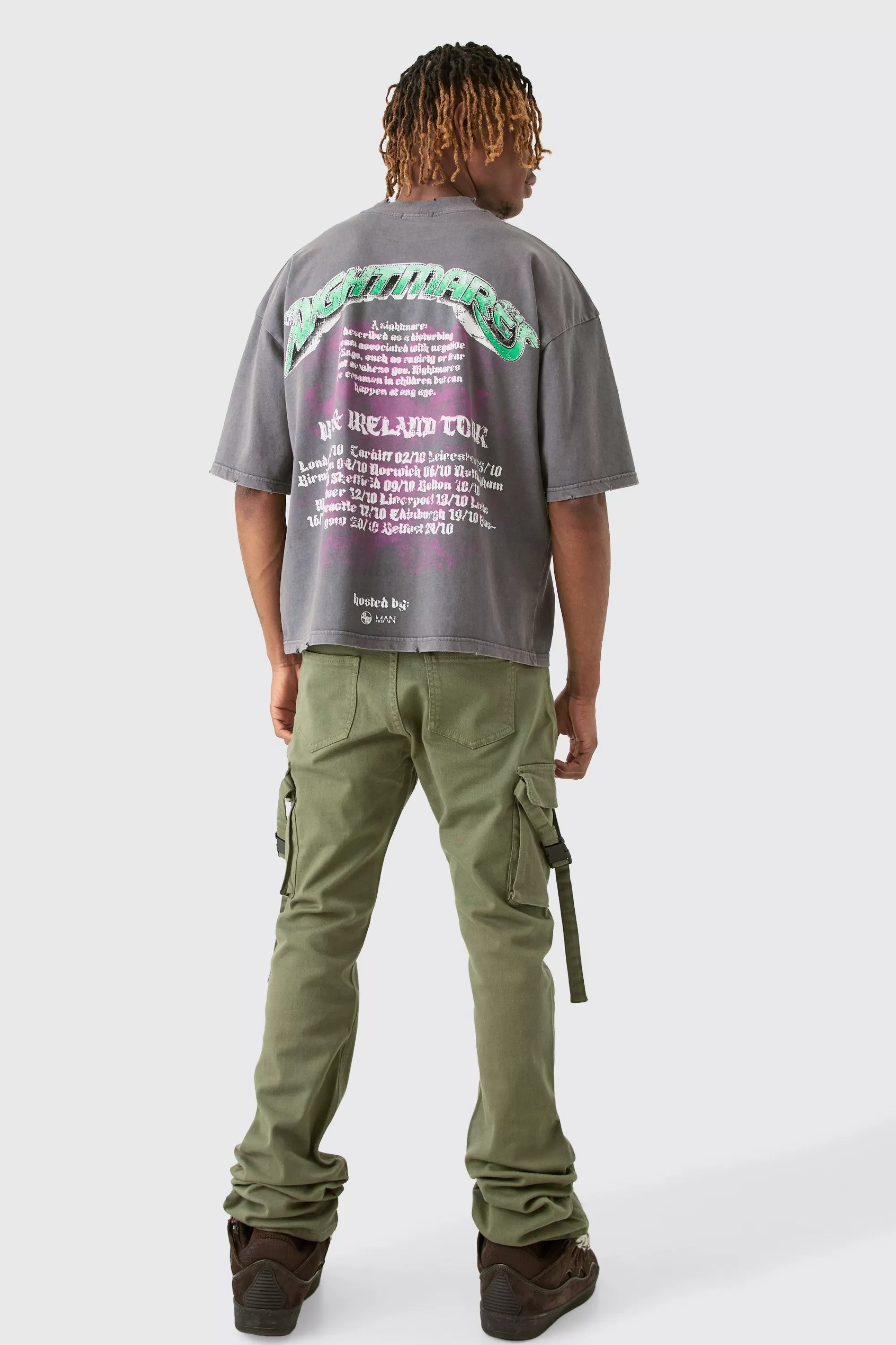 boohooMAN Tall Fixed Waist Slim Stacked Flare Strap Cargo Trouser | UK