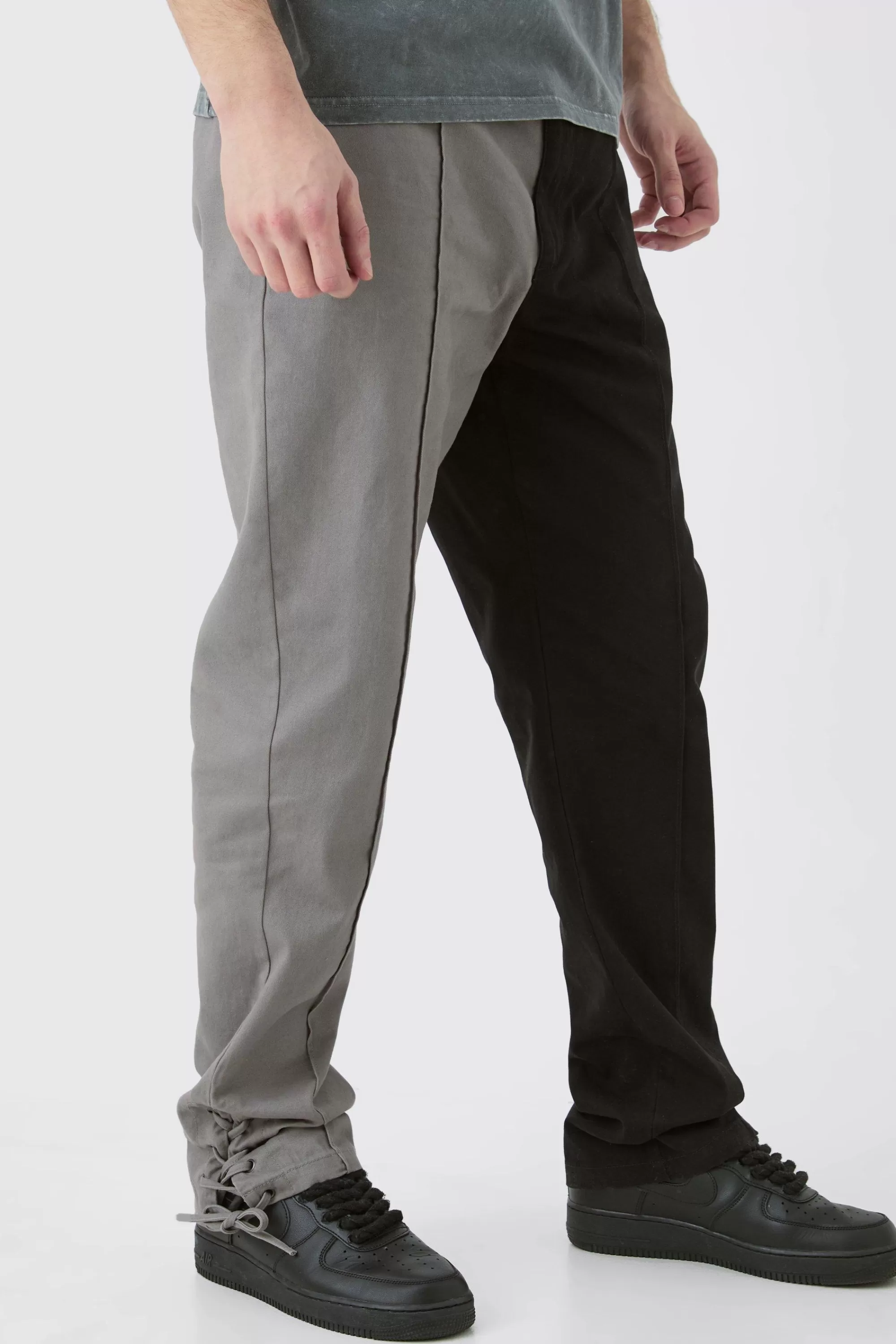 boohooMAN Tall Fixed Waist Straight Leg Washed Splice Trouser | UK