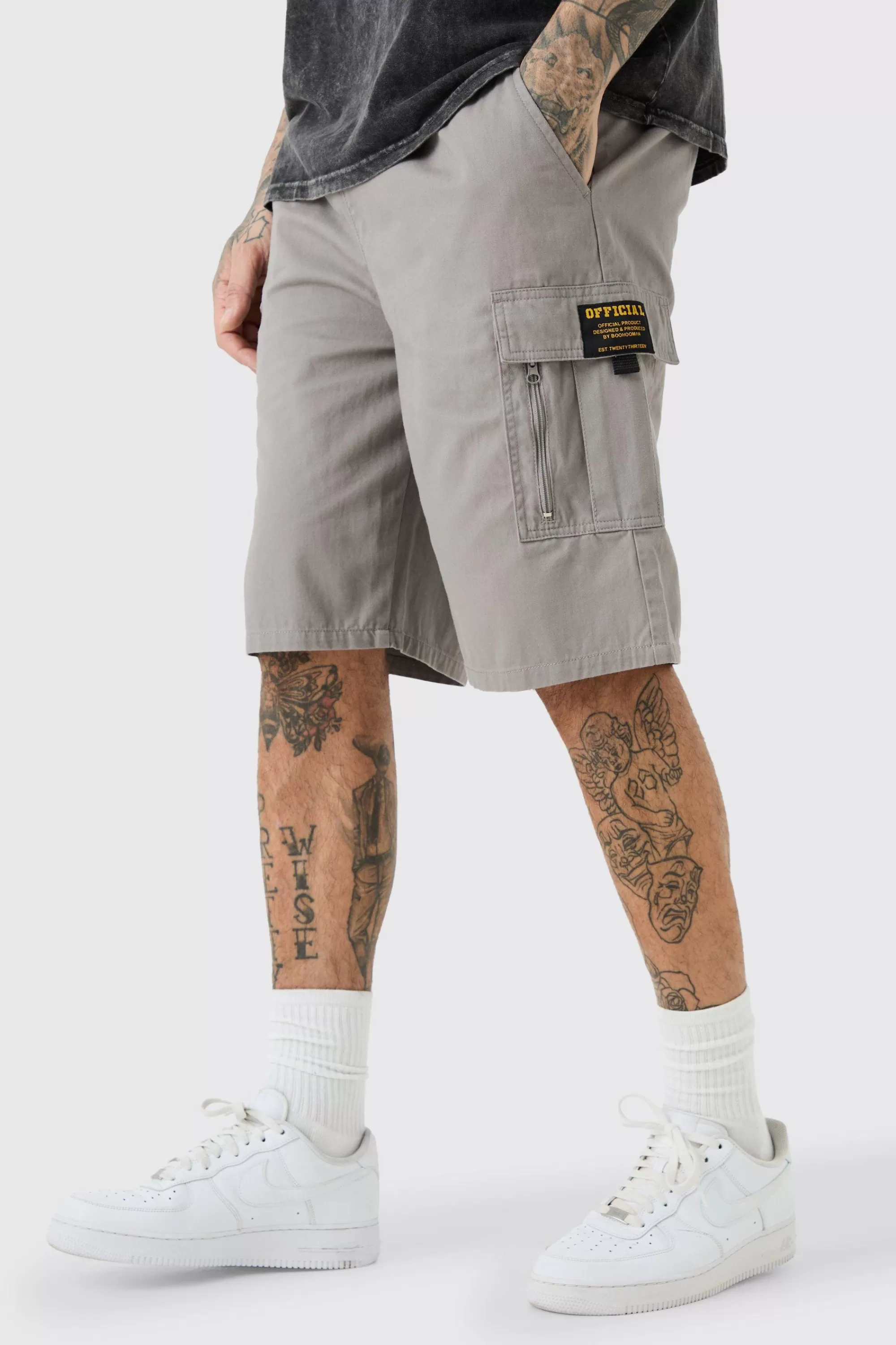 boohooMAN Tall Fixed Waist Twill Relaxed Cargo Zip Detail Tab Short | UK