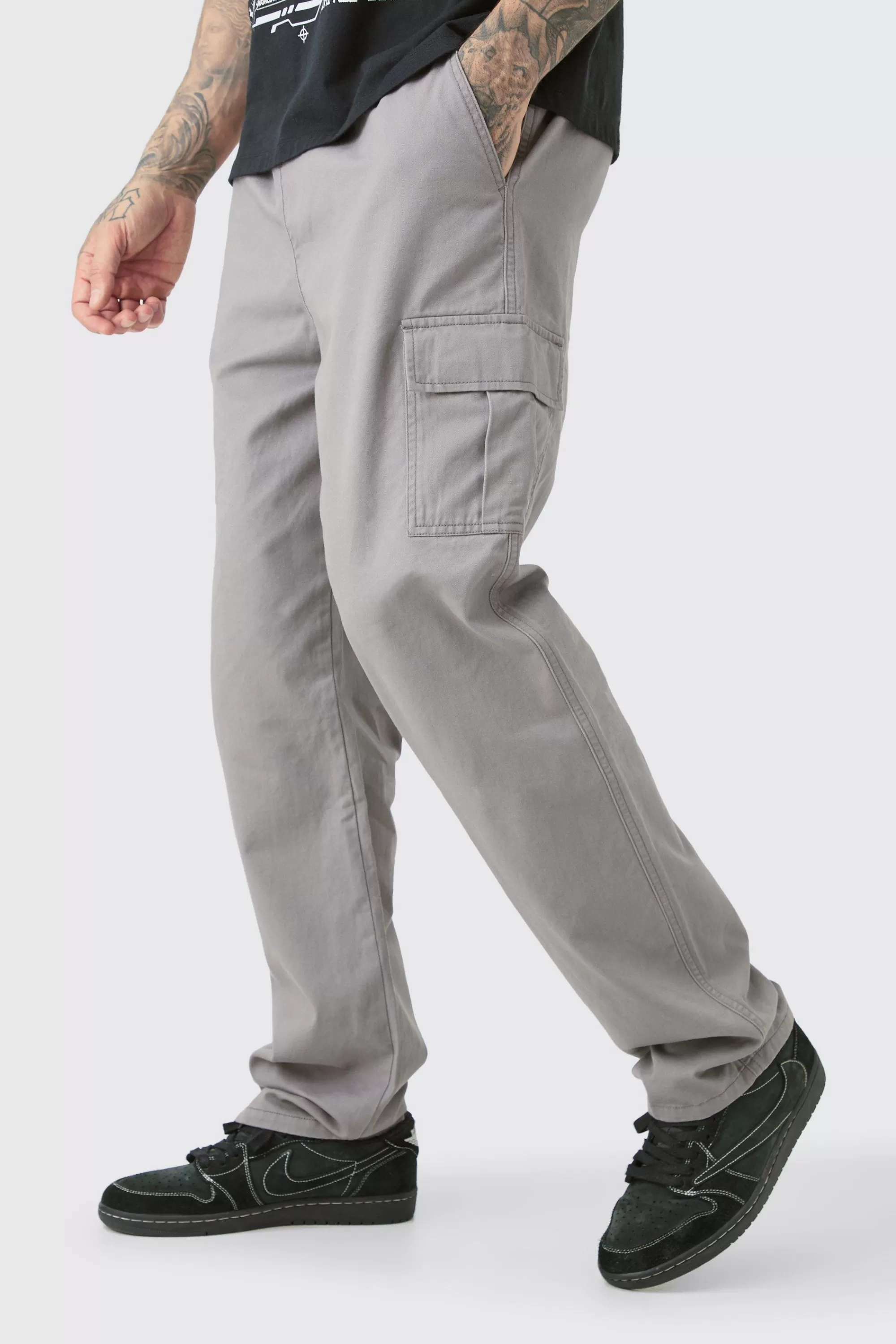 boohooMAN Tall Fixed Waist Twill Straight Leg Cargo Trouser | UK