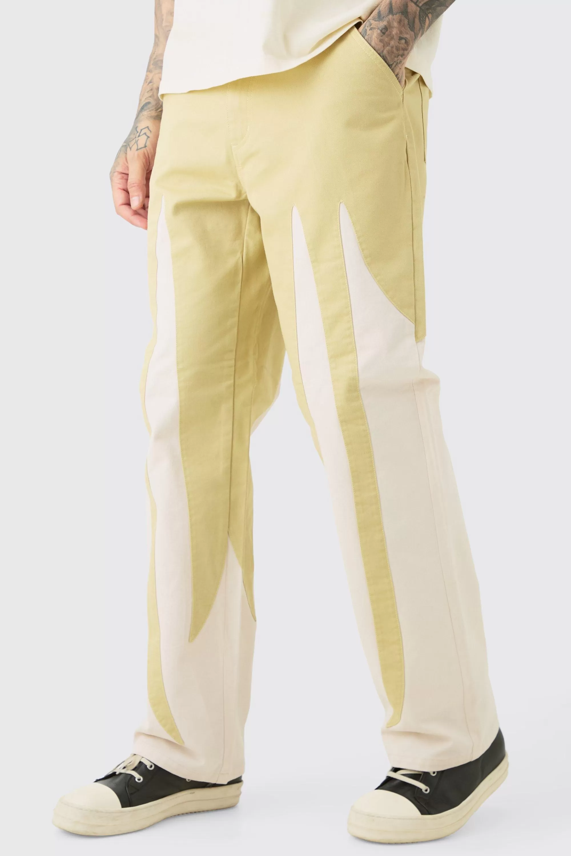 boohooMAN Tall Fixed Waist Washed Colour Block Twill Trouser | UK