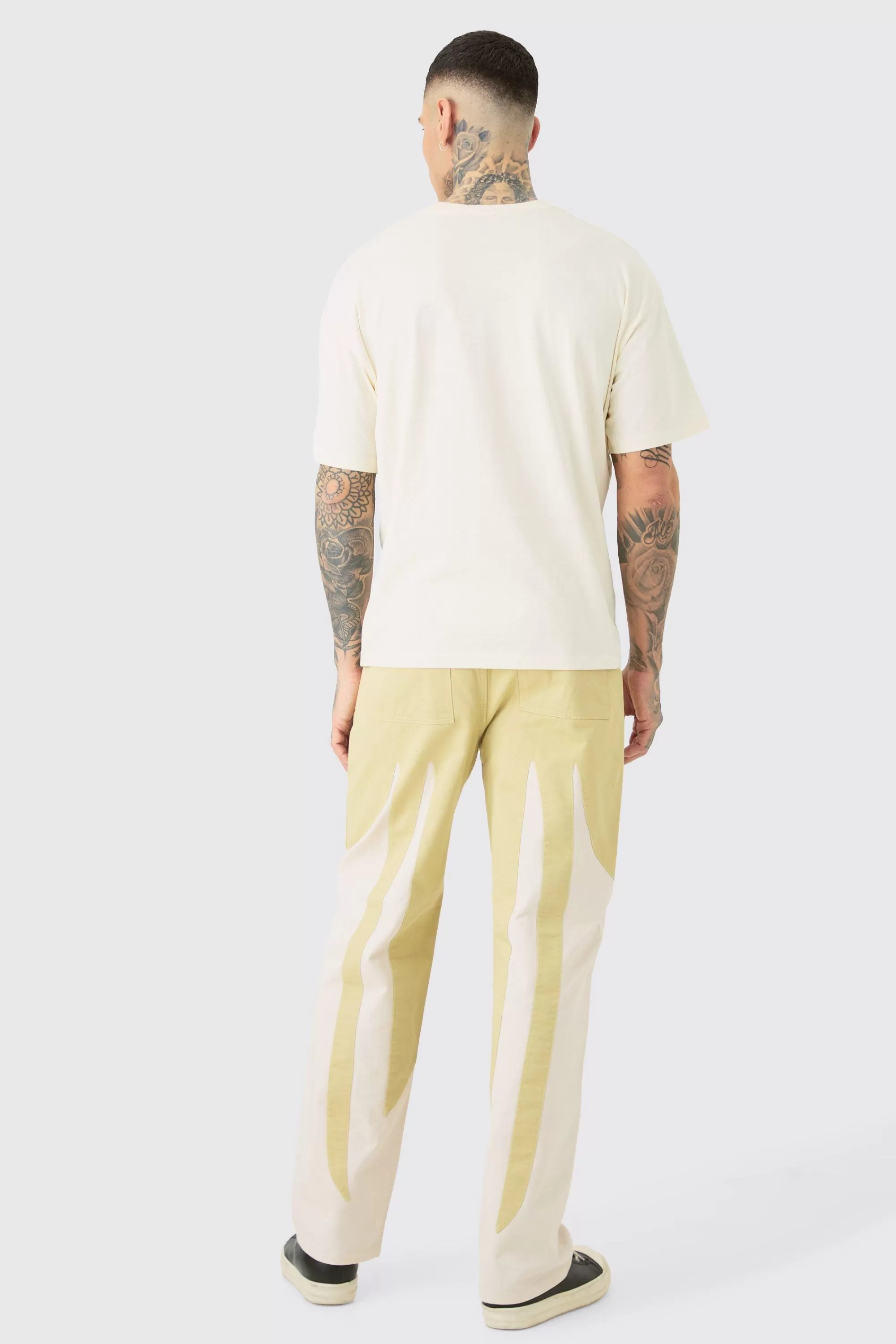 boohooMAN Tall Fixed Waist Washed Colour Block Twill Trouser | UK