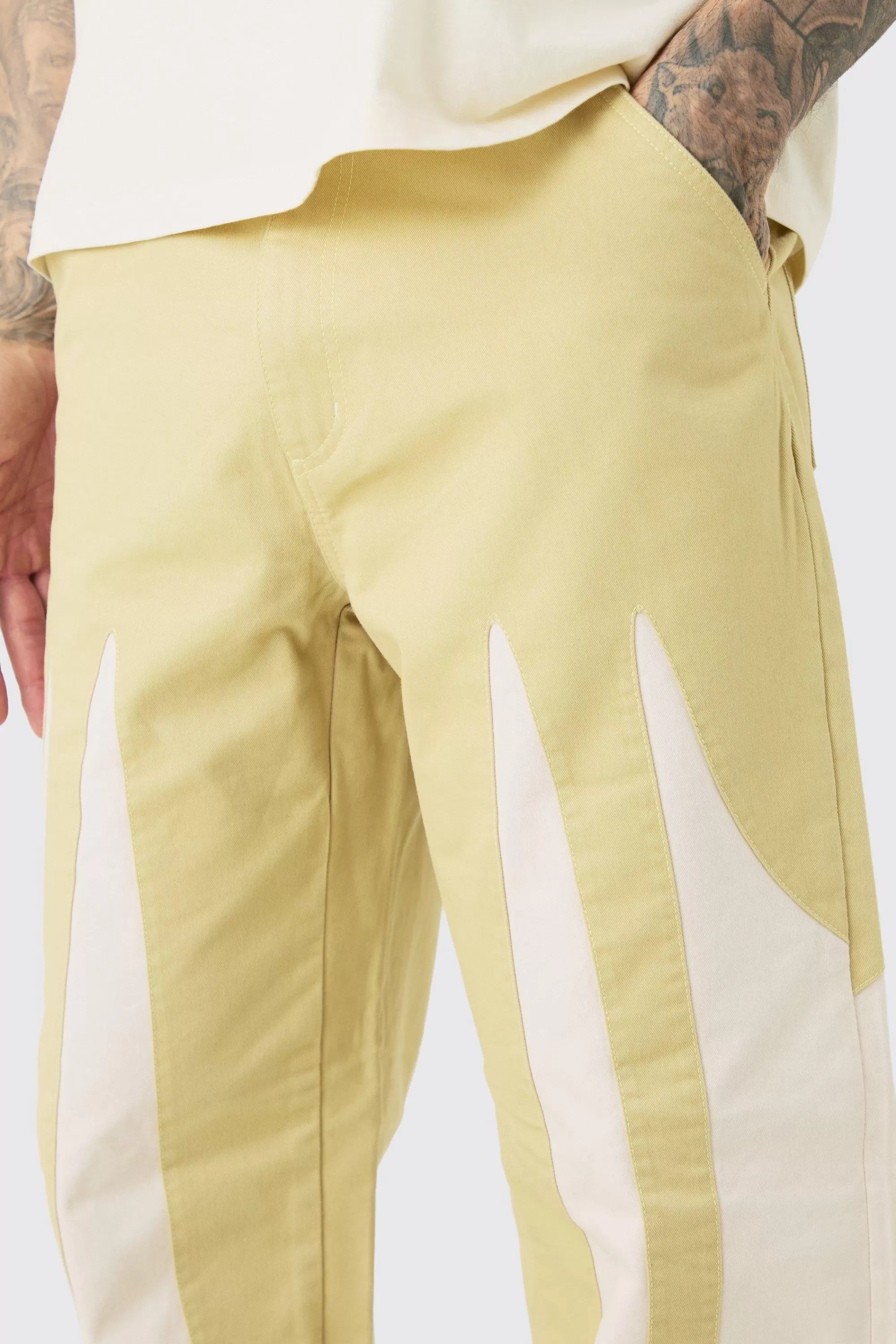 boohooMAN Tall Fixed Waist Washed Colour Block Twill Trouser | UK