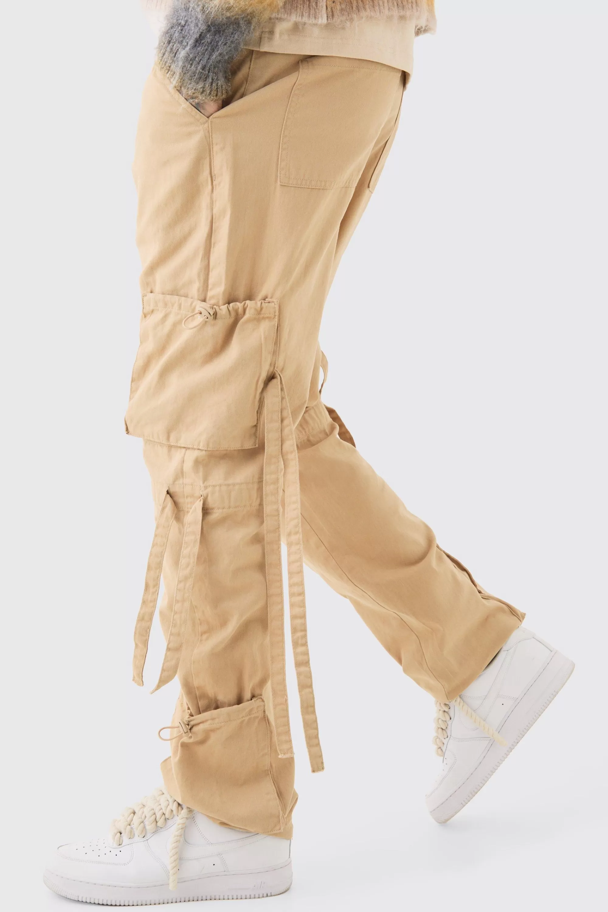 boohooMAN Tall Fixed Waist Washed Twill Multi Cargo Trouser | UK
