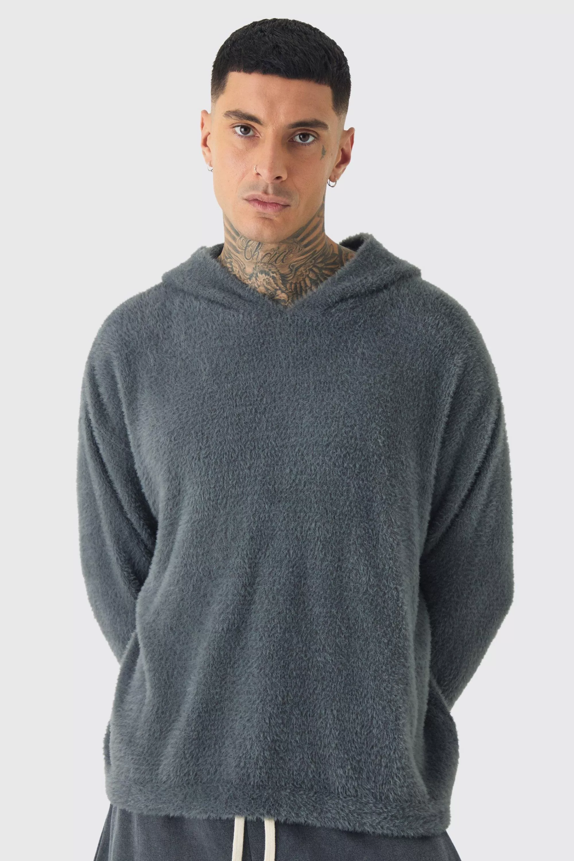 boohooMAN Tall Fluffy Knit Boxy Oversized Hoodie | UK