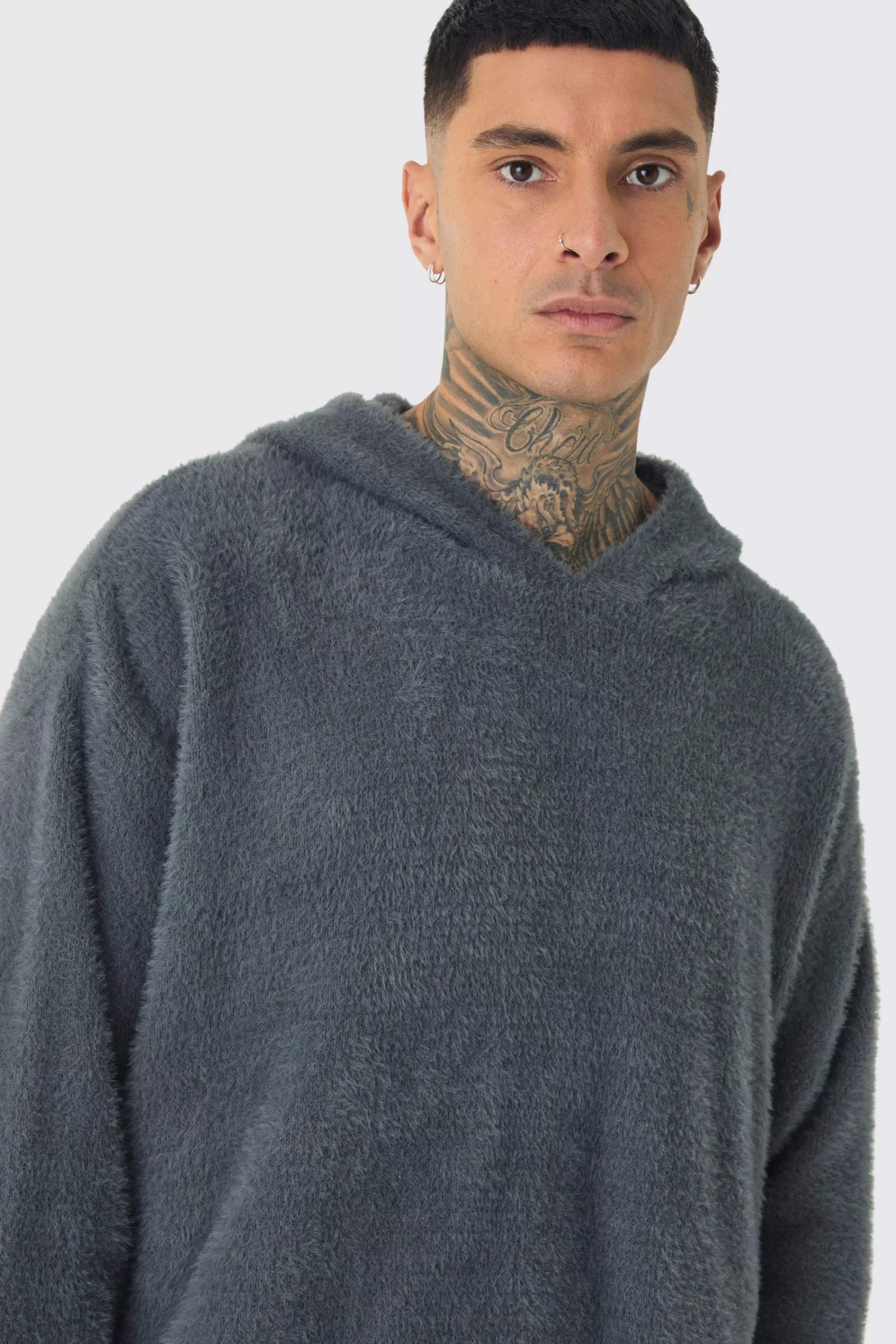 boohooMAN Tall Fluffy Knit Boxy Oversized Hoodie | UK