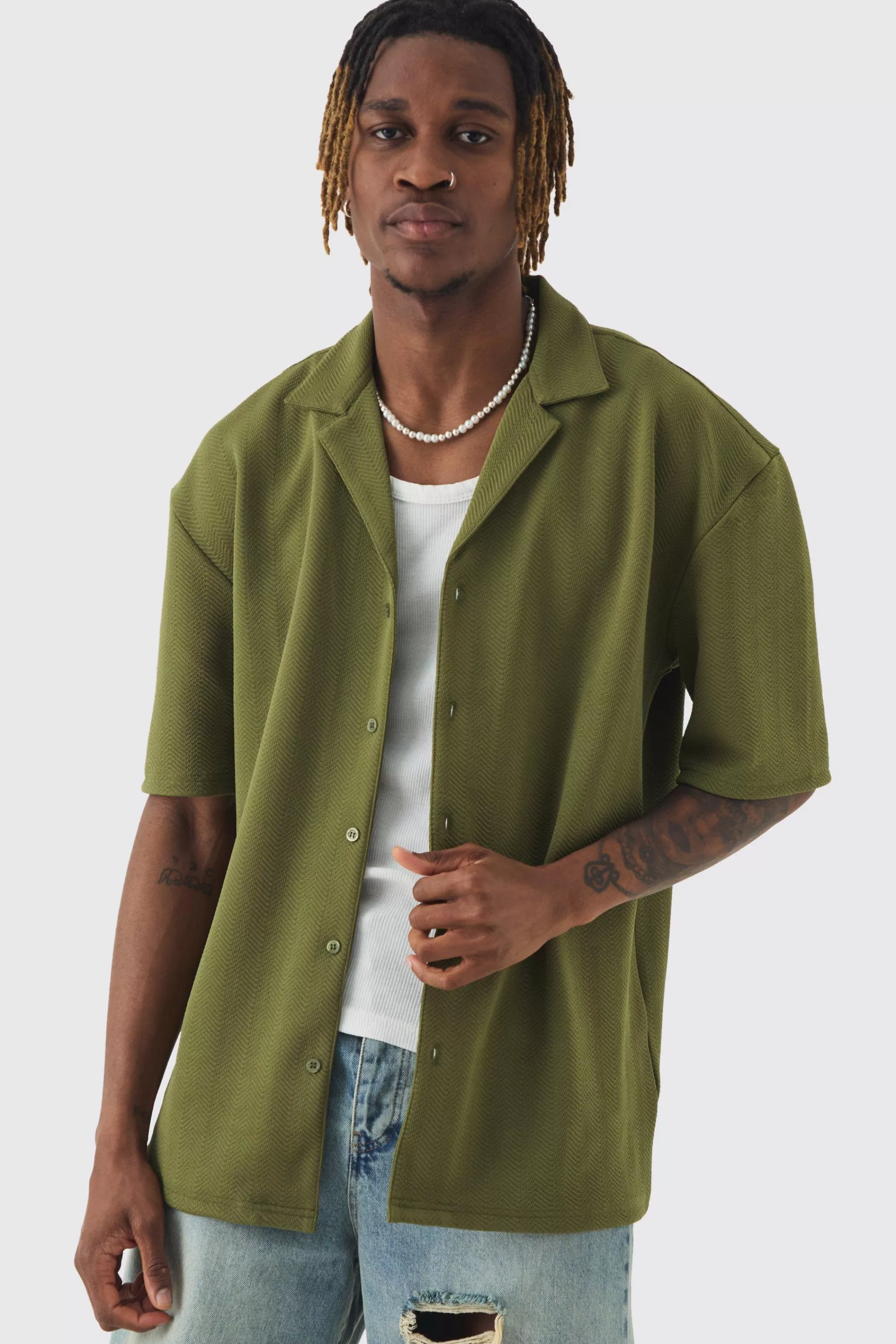 boohooMAN Tall Herringbone Detail Revere Shirt In | UK