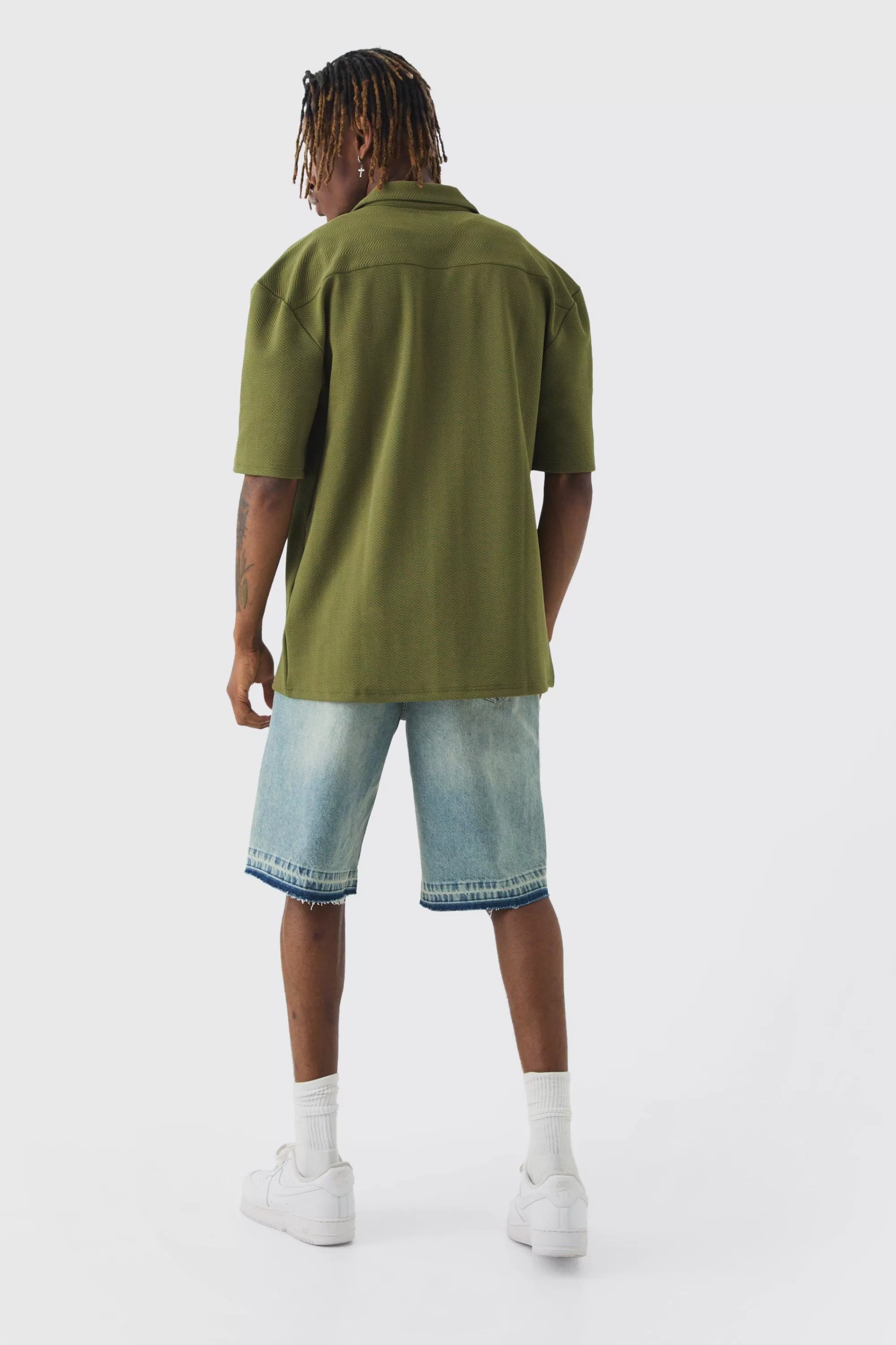 boohooMAN Tall Herringbone Detail Revere Shirt In | UK