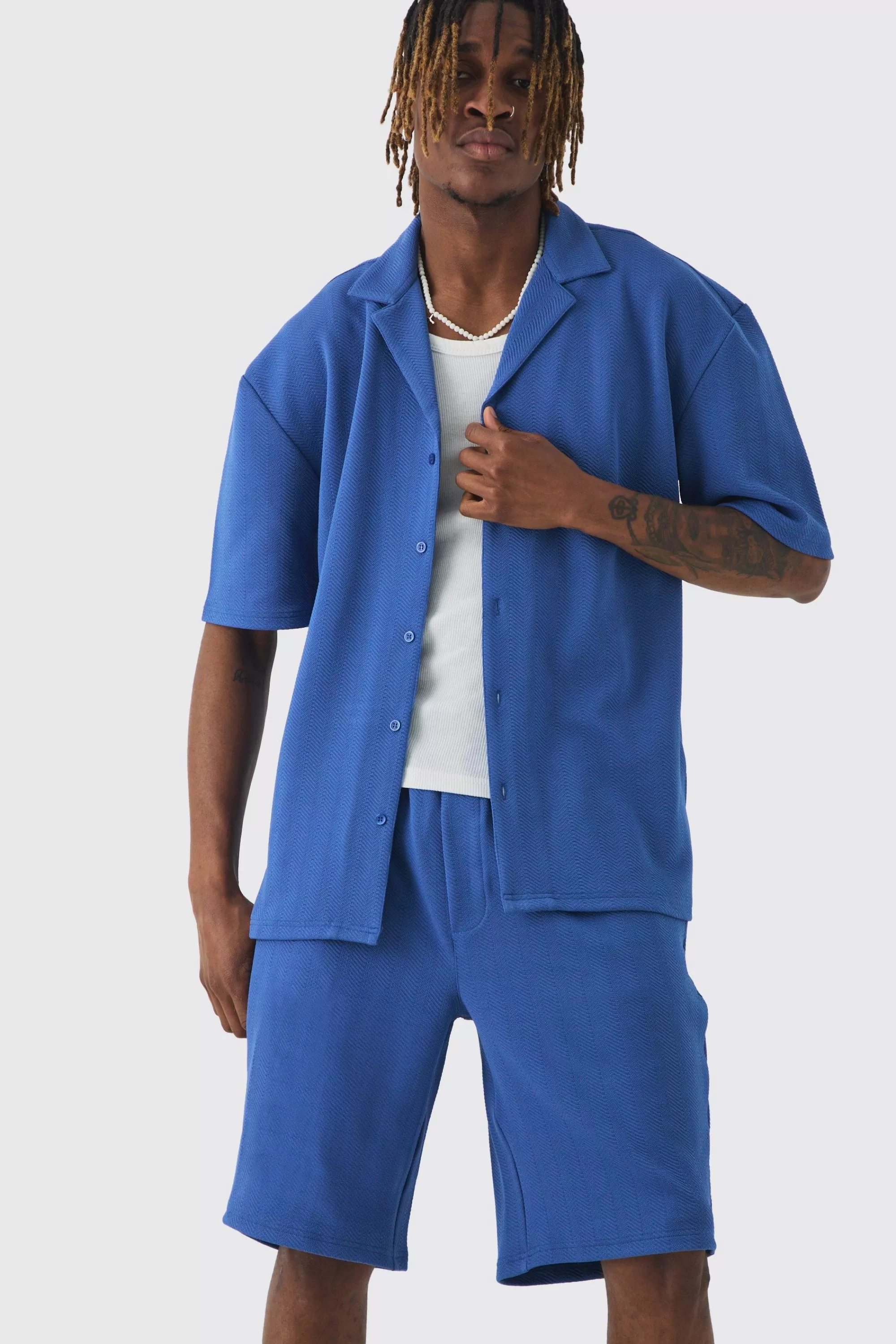 boohooMAN Tall Herringbone Detail Shirt & Short Set In | UK