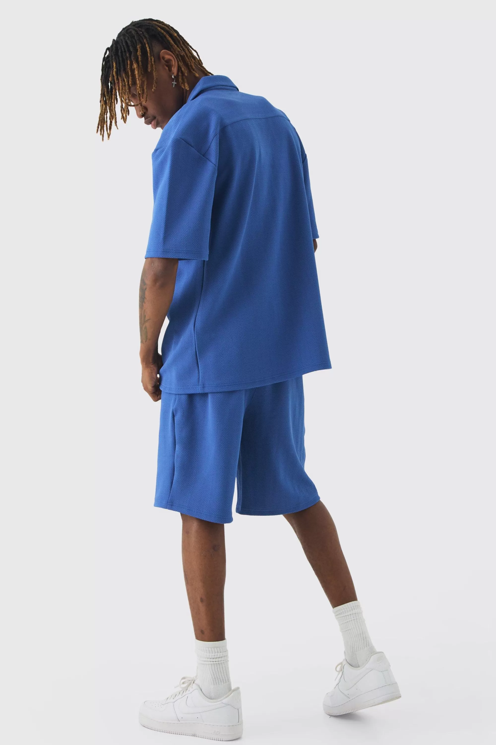 boohooMAN Tall Herringbone Detail Shirt & Short Set In | UK