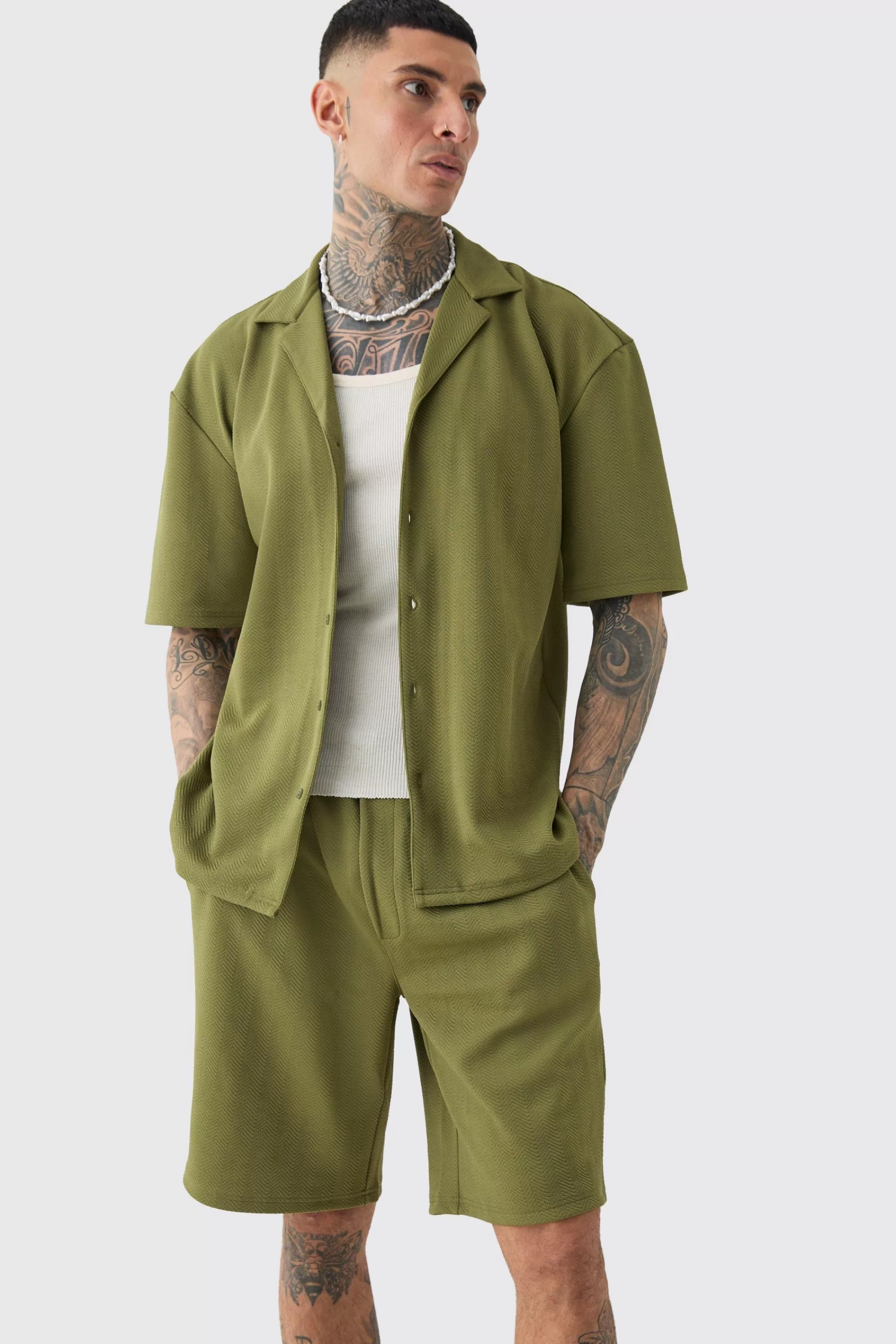 boohooMAN Tall Herringbone Detail Shirt & Short Set In | UK