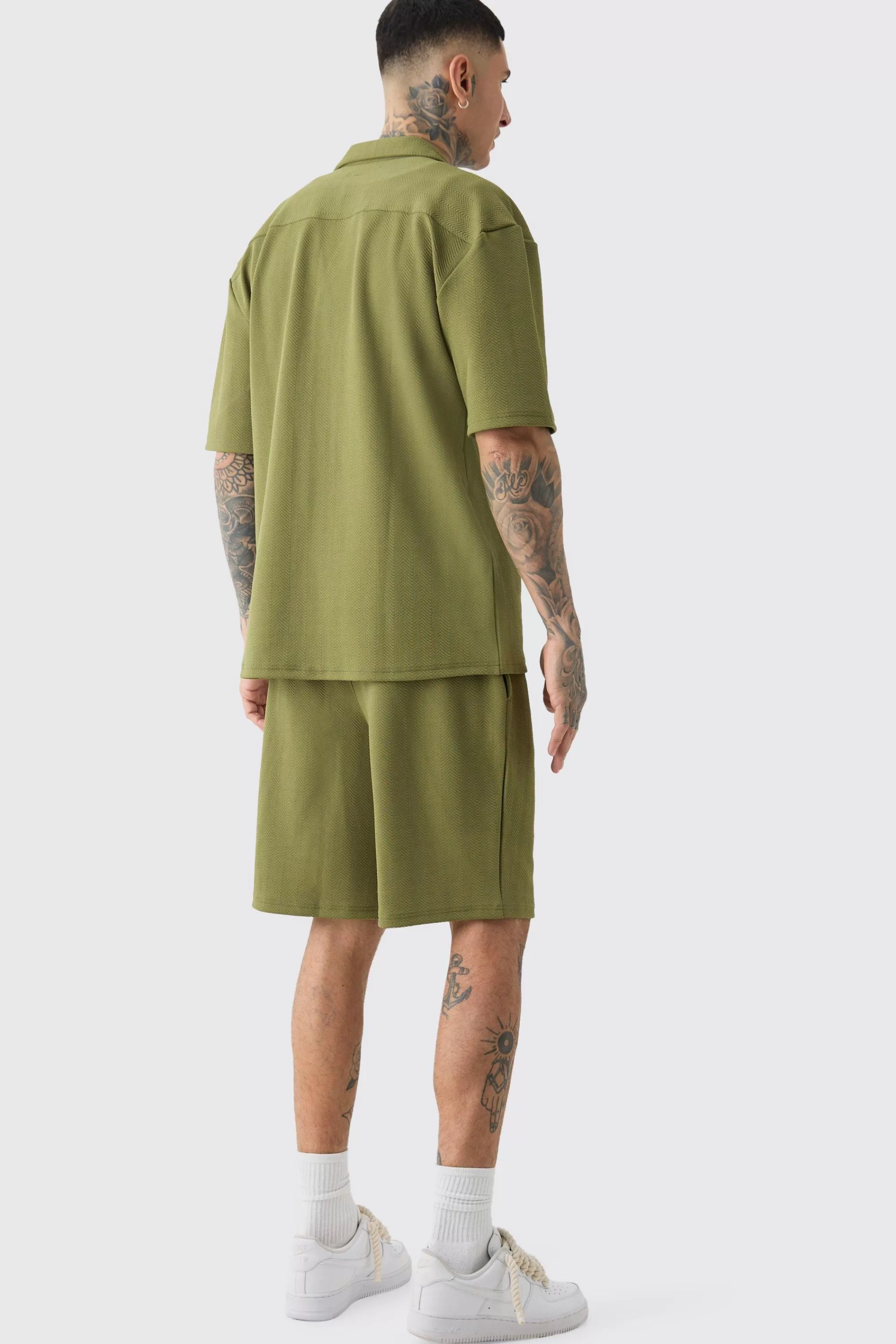 boohooMAN Tall Herringbone Detail Shirt & Short Set In | UK