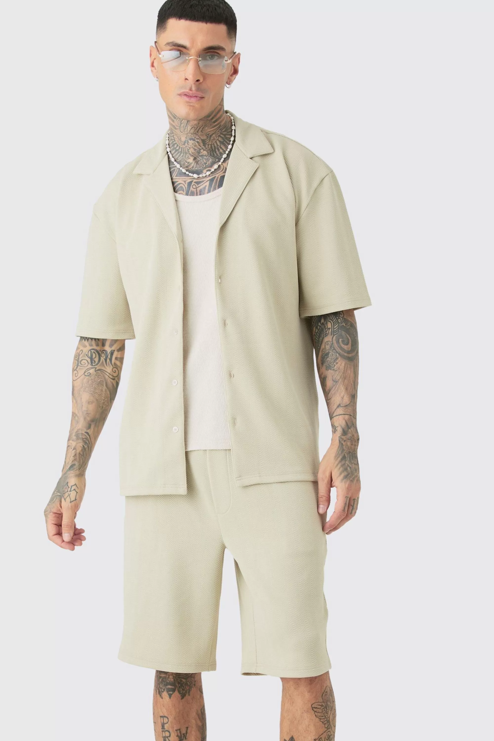 boohooMAN Tall Herringbone Detail Shirt & Short Set In | UK