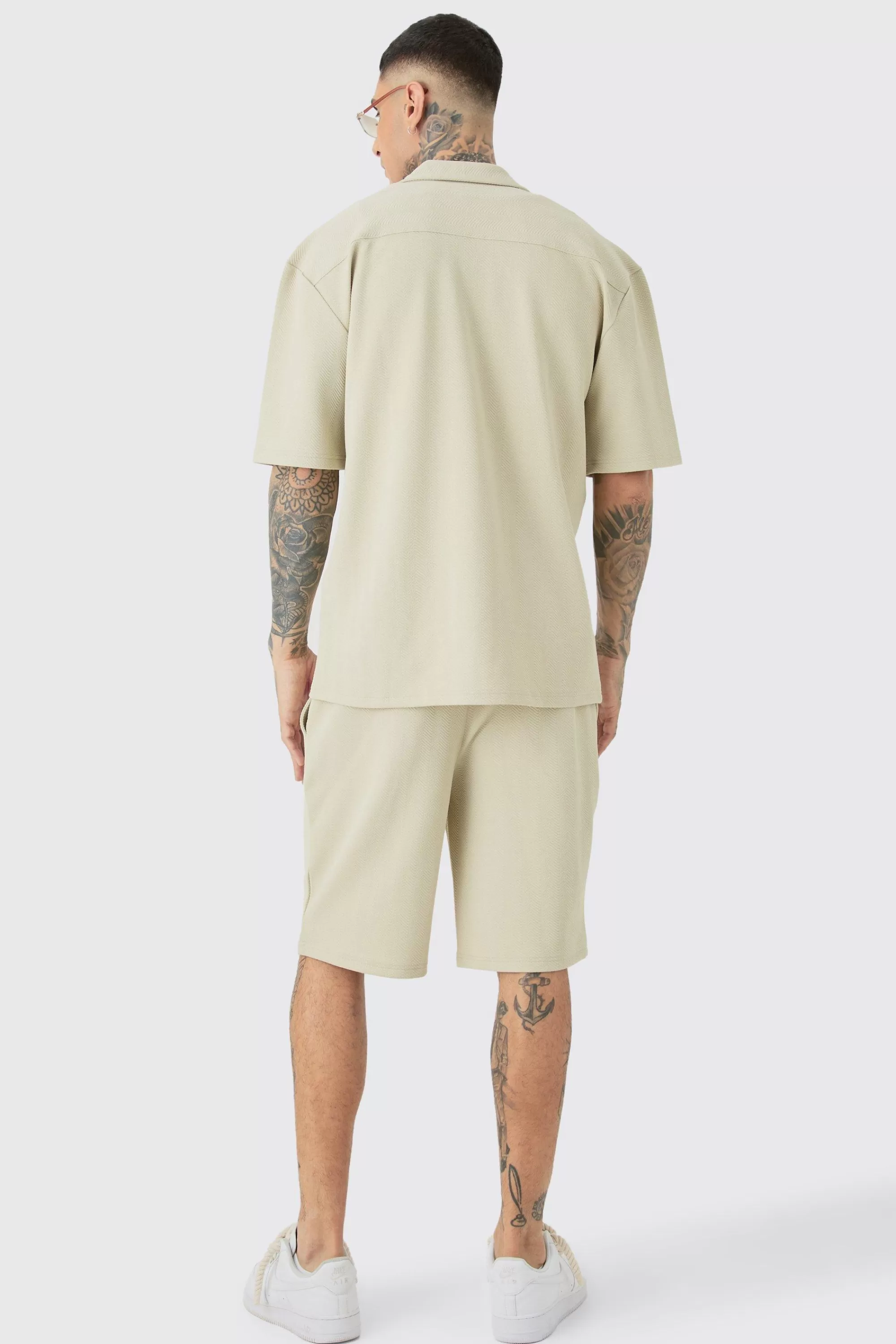 boohooMAN Tall Herringbone Detail Shirt & Short Set In | UK