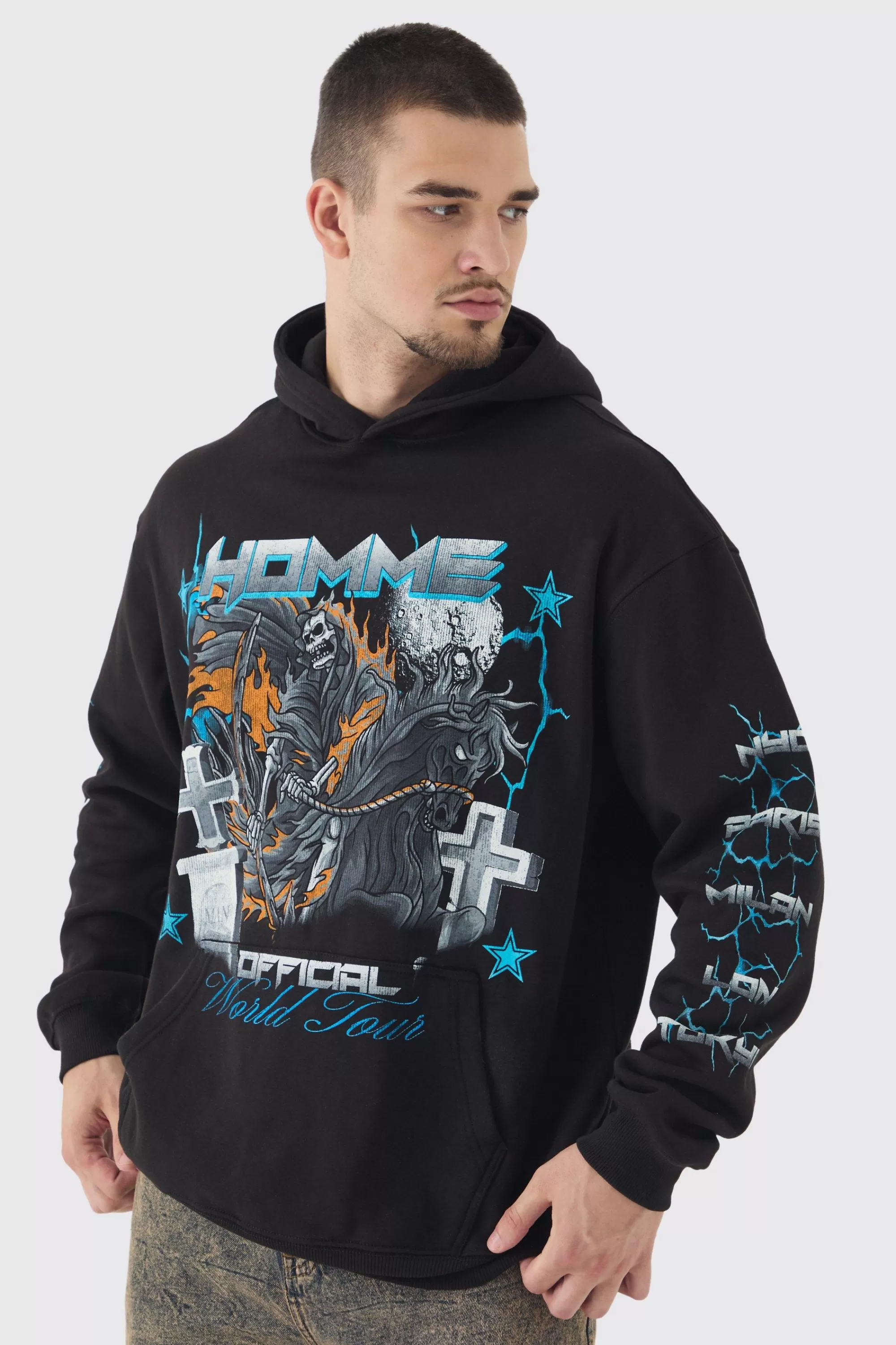boohooMAN Tall Homme Cross Print Oversized Hoodie In | UK