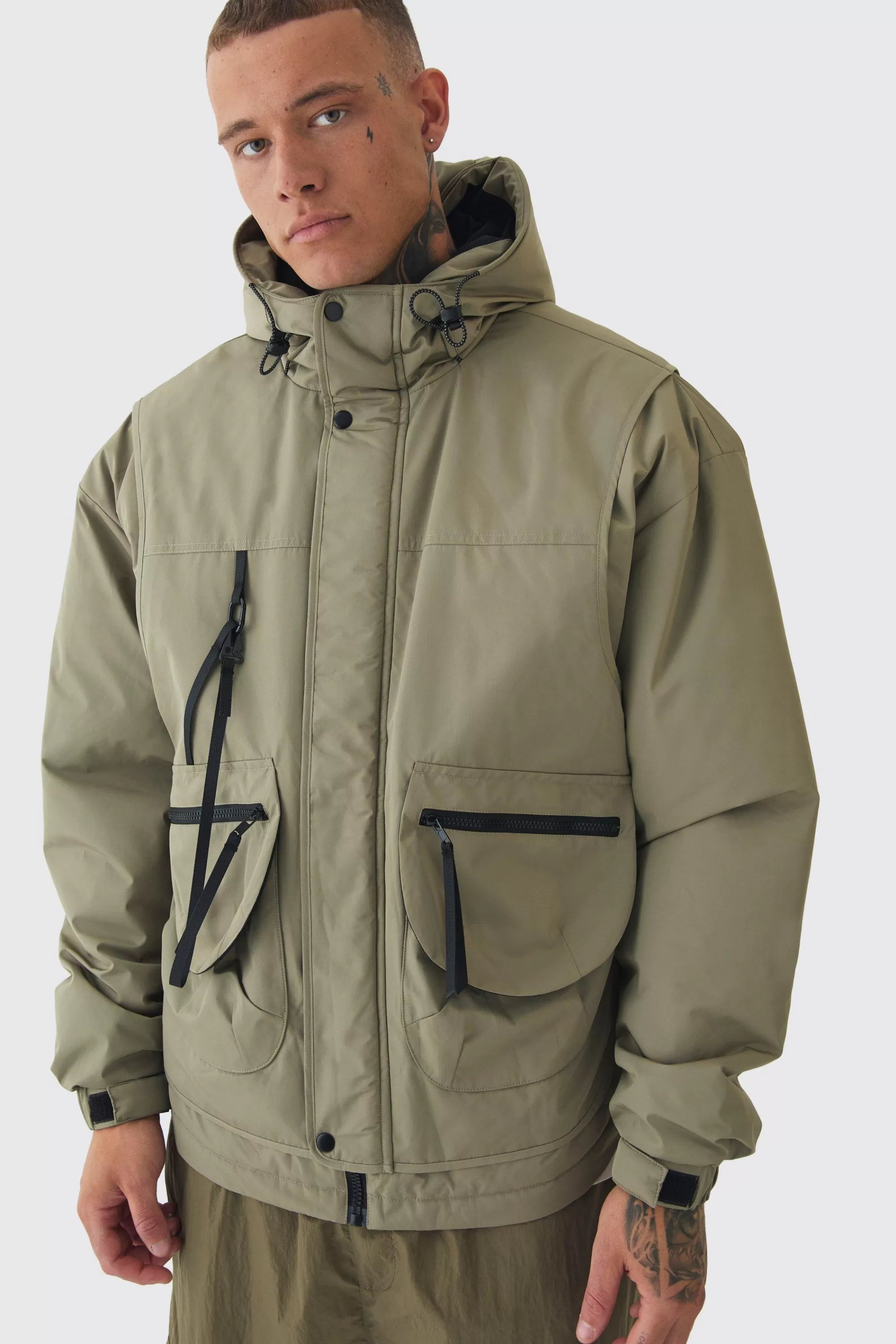 boohooMAN Tall Hooded Utility Tech Parka Jacket In | UK