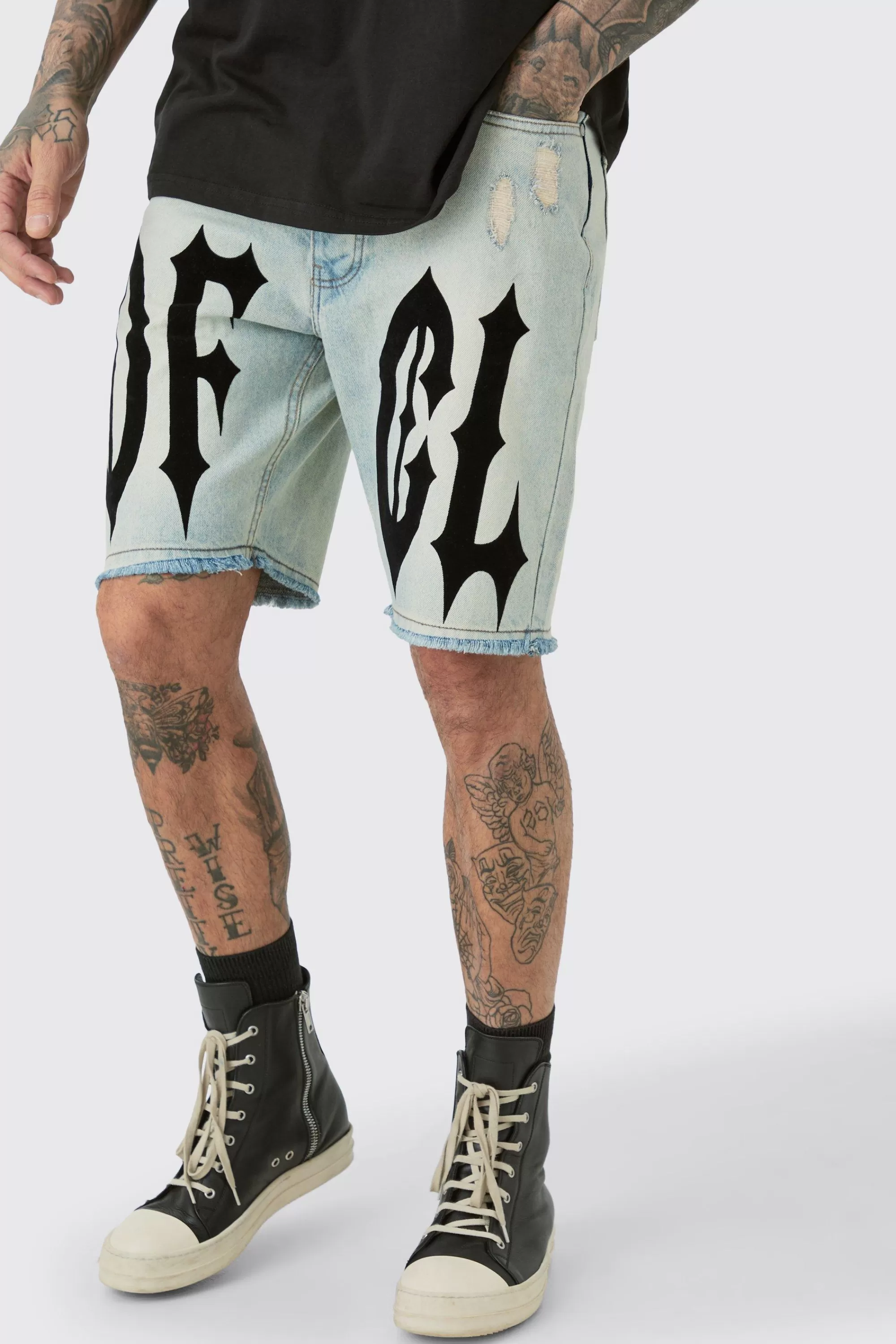 boohooMAN Tall Wash OFCL Straight Fit Denim Short | UK