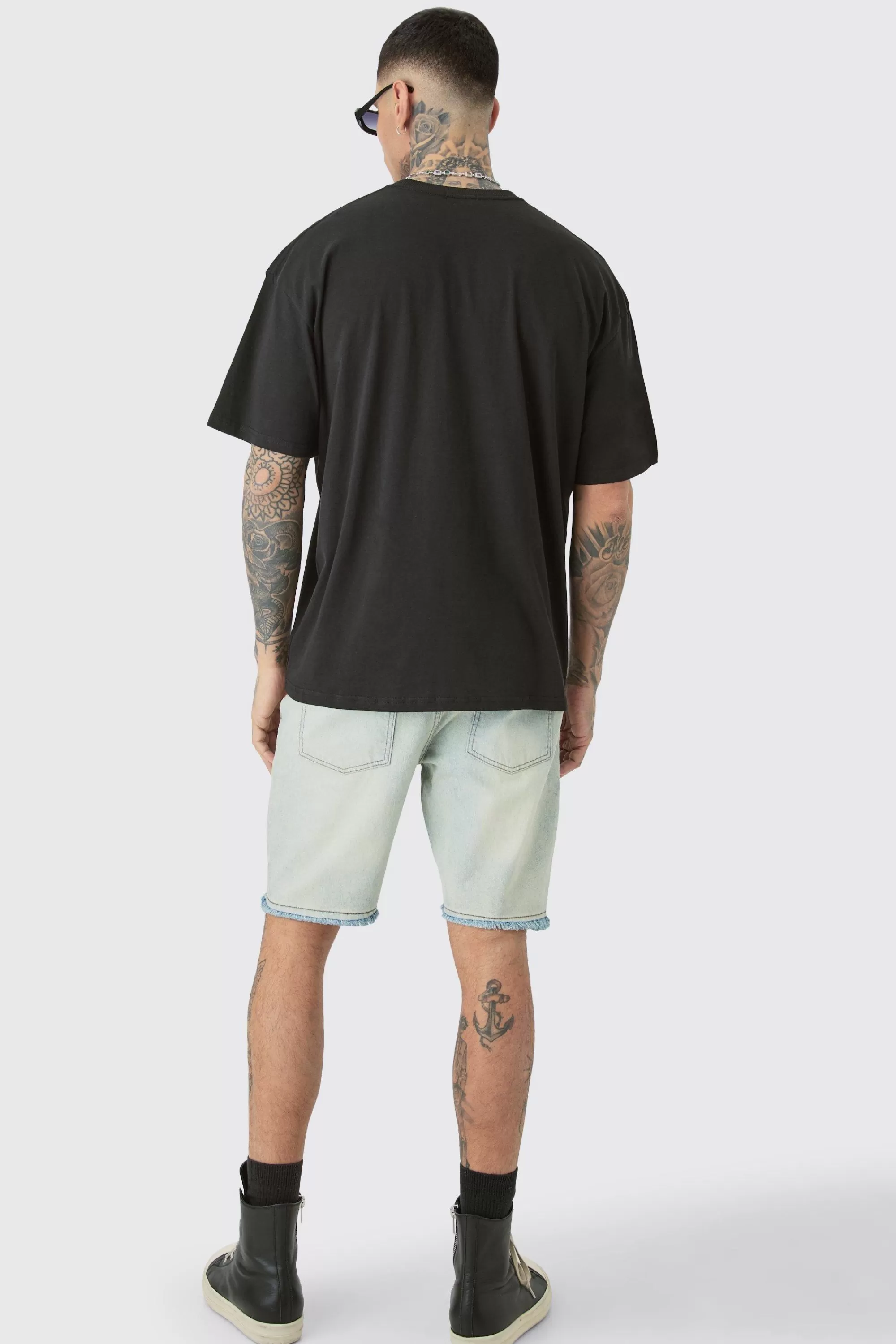 boohooMAN Tall Wash OFCL Straight Fit Denim Short | UK