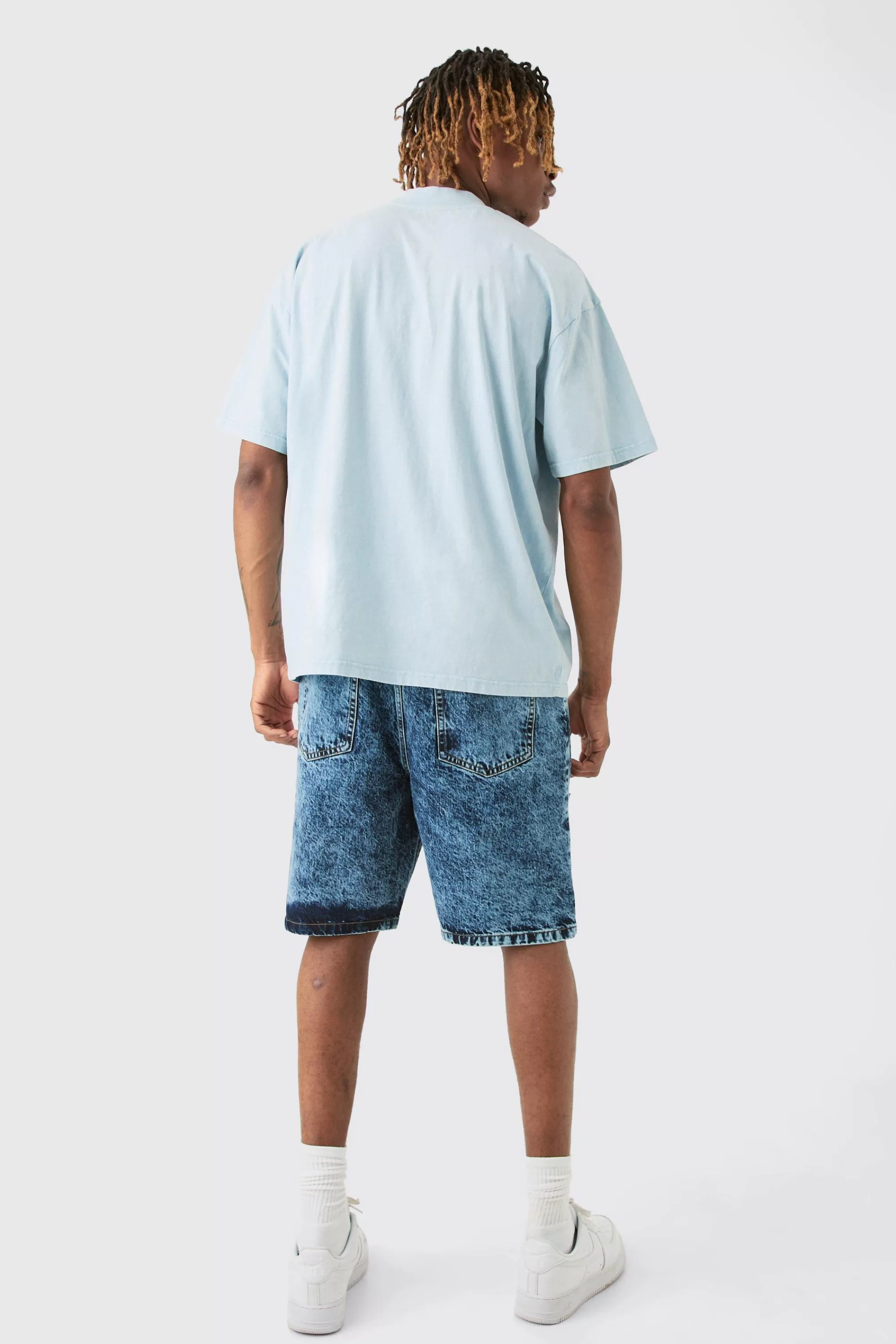 boohooMAN Tall Wash Paint Splatter Relaxed Denim Shorts | UK