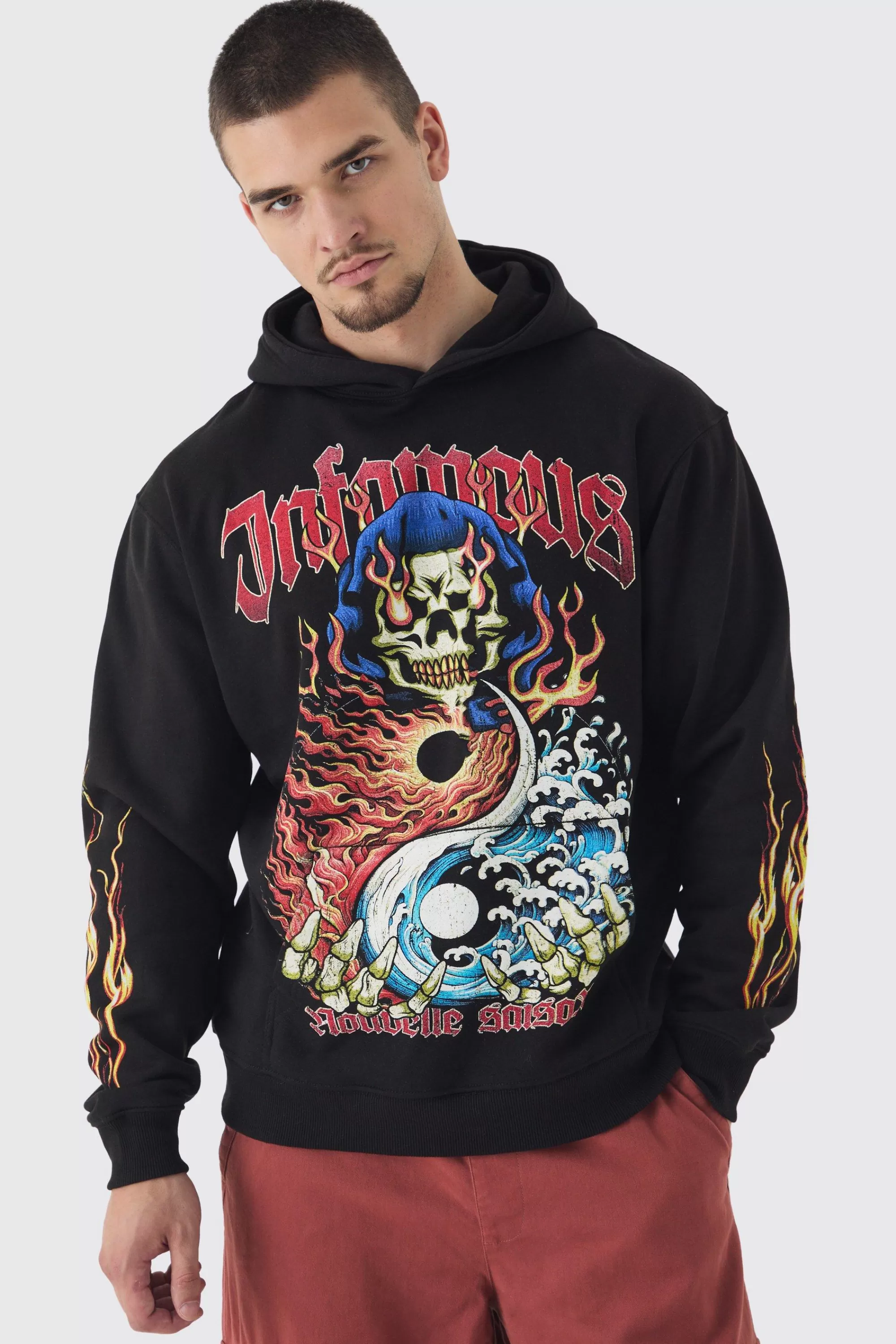 boohooMAN Tall Infamous Flame Print Oversized Hoodie In | UK