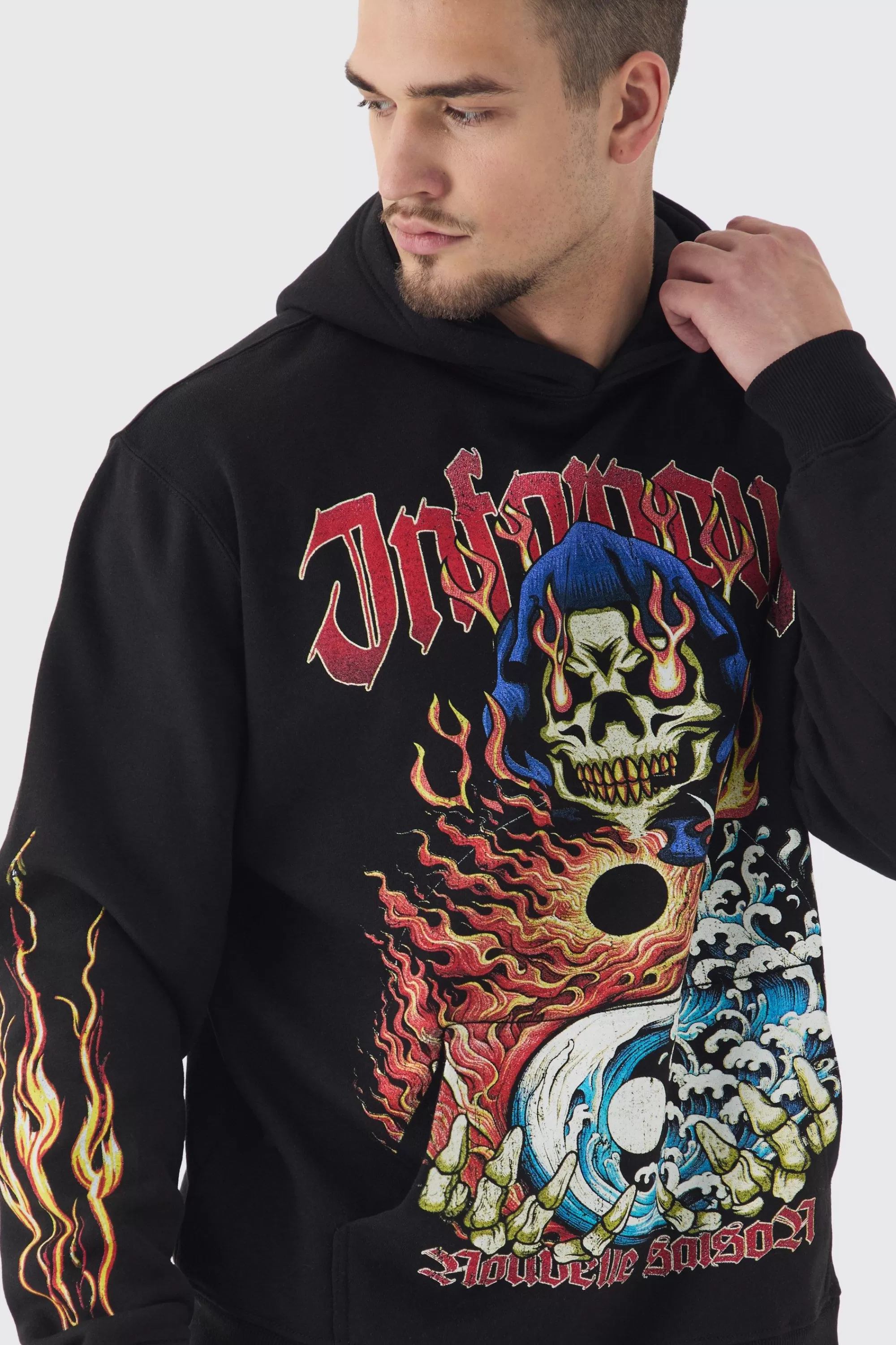 boohooMAN Tall Infamous Flame Print Oversized Hoodie In | UK