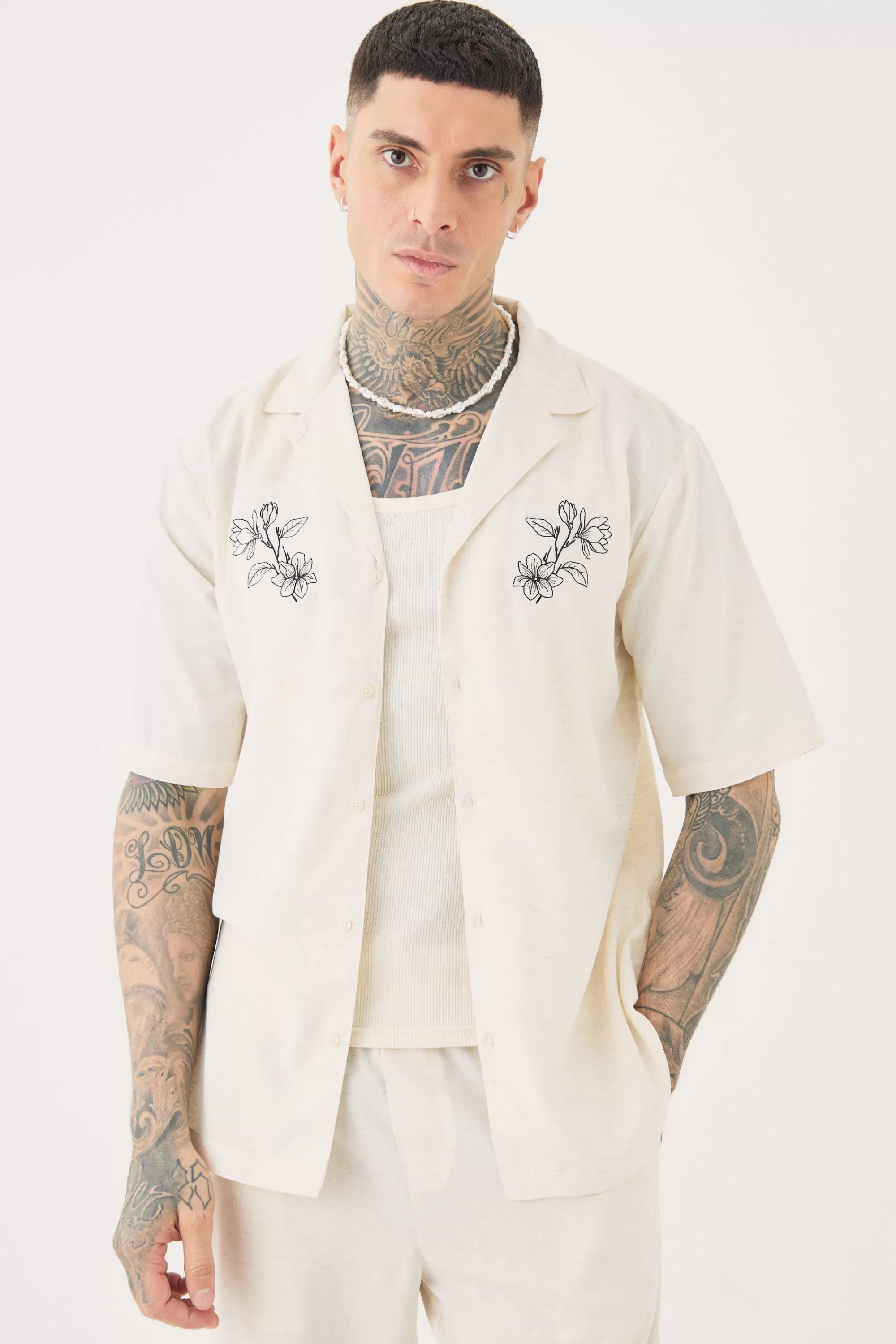 boohooMAN Tall Linen Embroidered Drop Revere Shirt In | UK