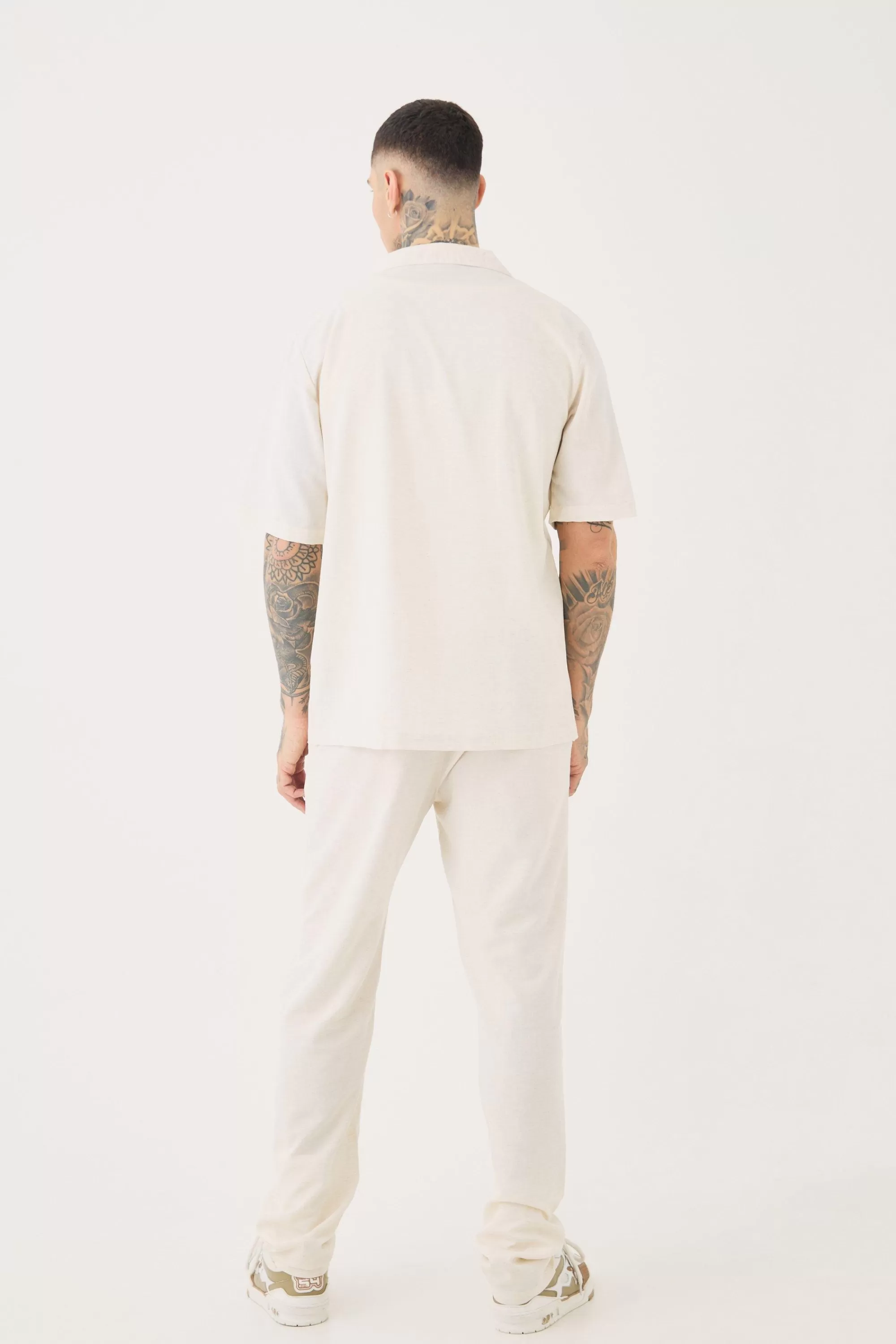 boohooMAN Tall Linen Embroidered Drop Revere Shirt In | UK