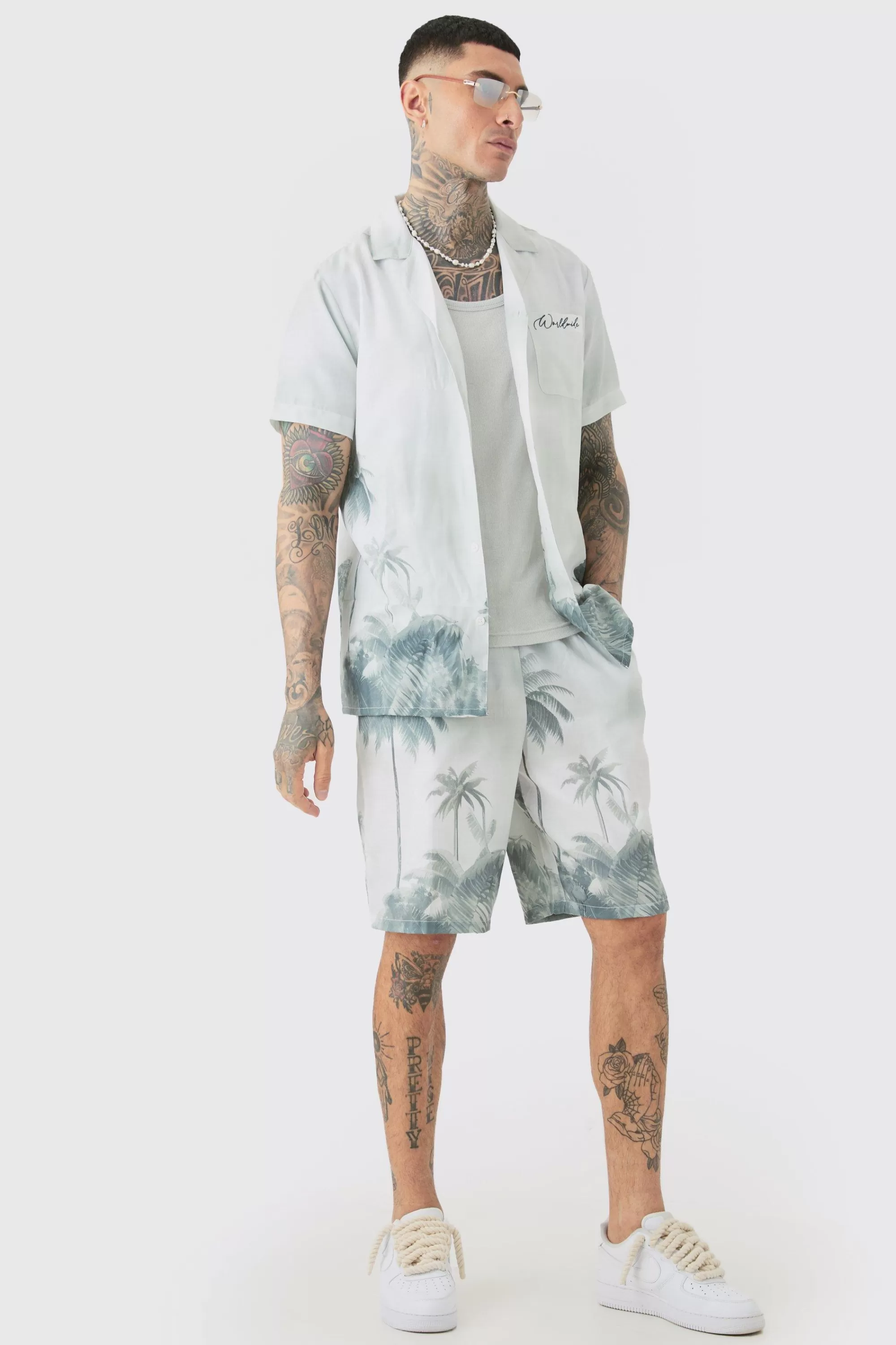 boohooMAN Tall Linen Look Watercolour Landscape Shirt & Short Set | UK