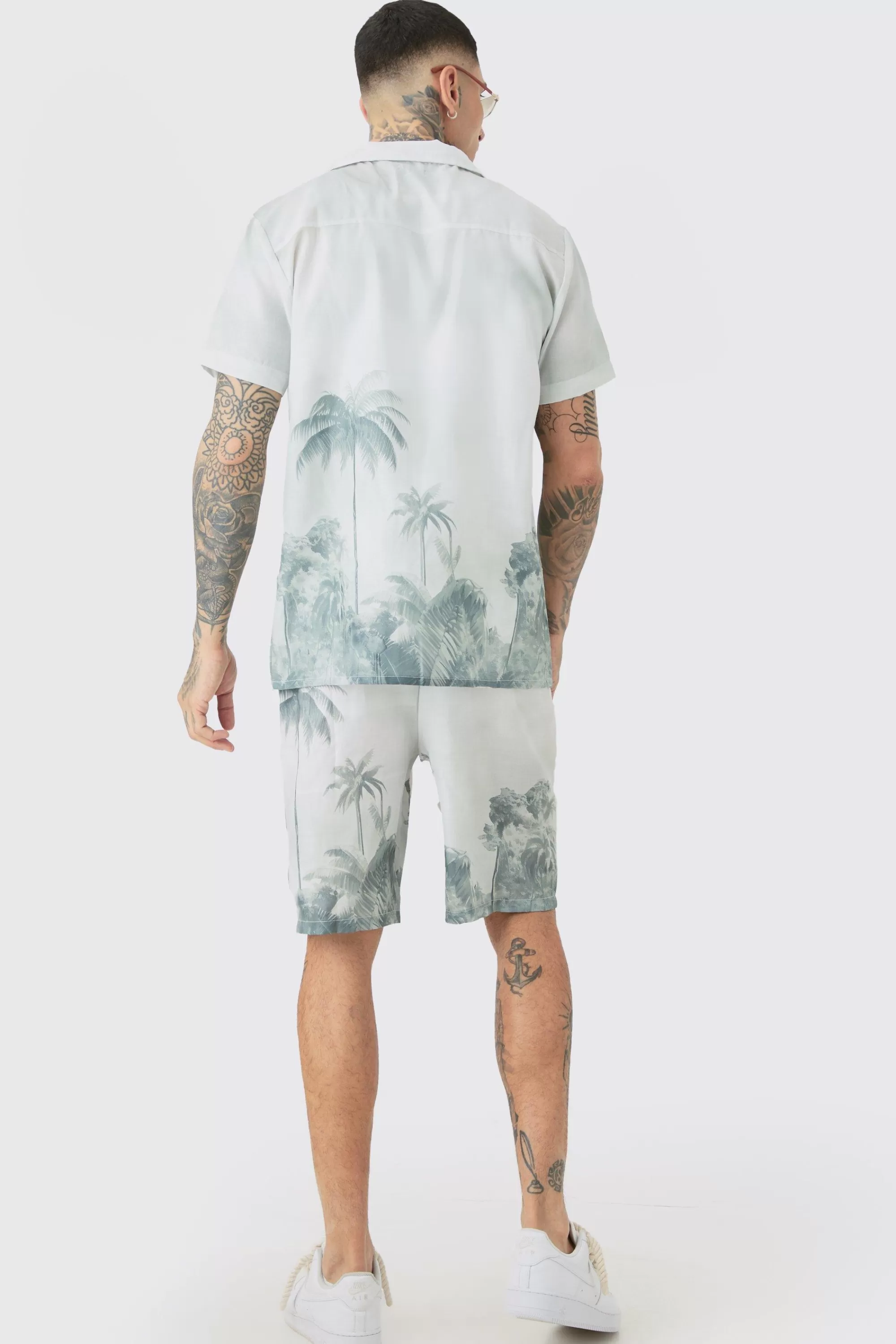 boohooMAN Tall Linen Look Watercolour Landscape Shirt & Short Set | UK