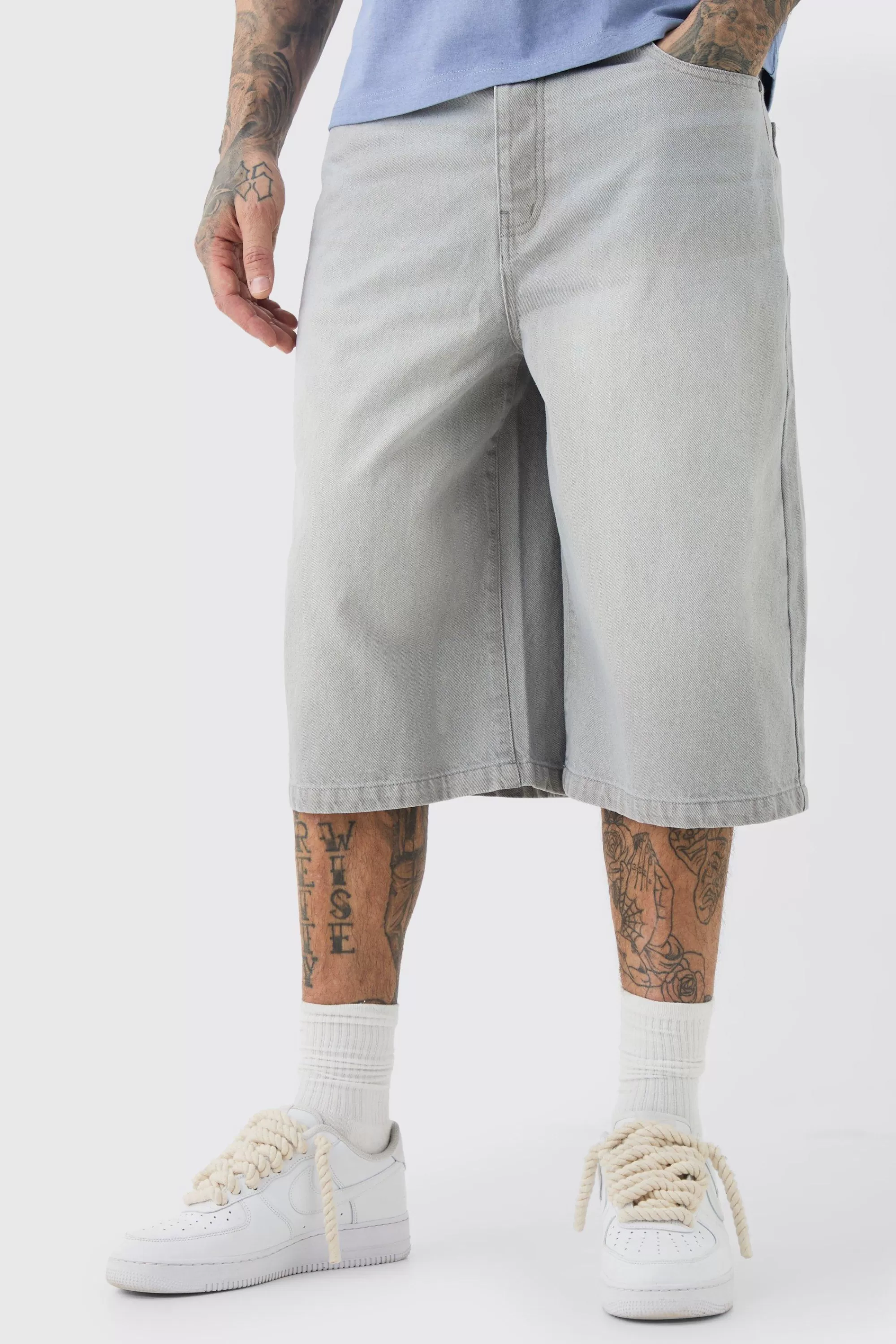 boohooMAN Tall Long Line Denim Jorts In Wash | UK